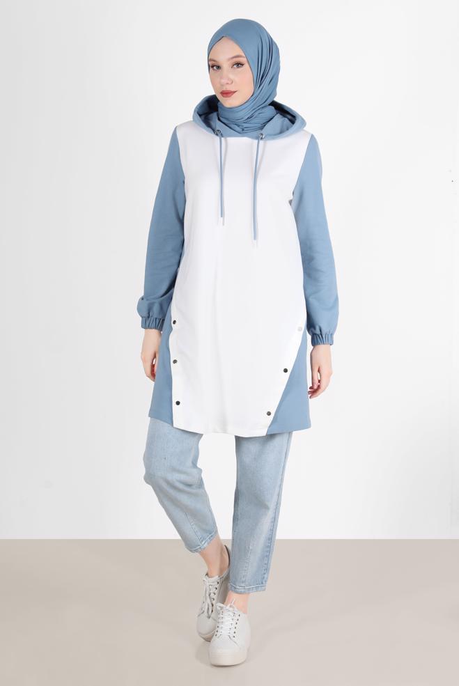 Tesettür giyim MAVİ KAPÜŞONLU ÇITÇIT DETAYLI EŞOFMAN TUNİK 42346  - ALVİNA