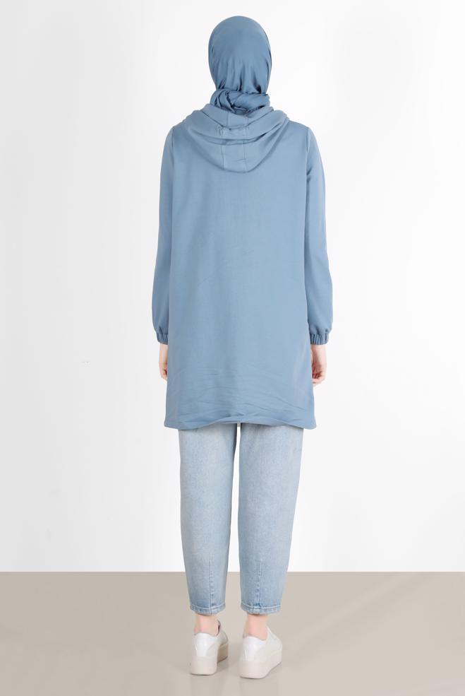 Tesettür giyim MAVİ KAPÜŞONLU ÇITÇIT DETAYLI EŞOFMAN TUNİK 42346  - ALVİNA