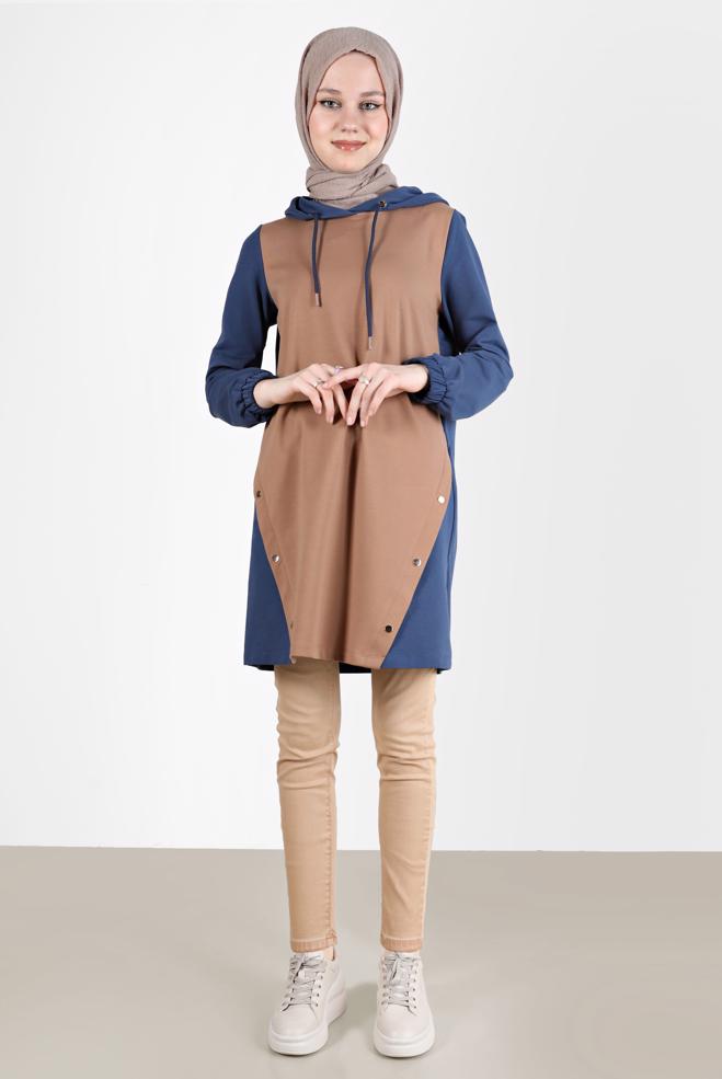 Tesettür giyim MAVİ KAPÜŞONLU ÇITÇIT DETAYLI EŞOFMAN TUNİK 42346  - ALVİNA