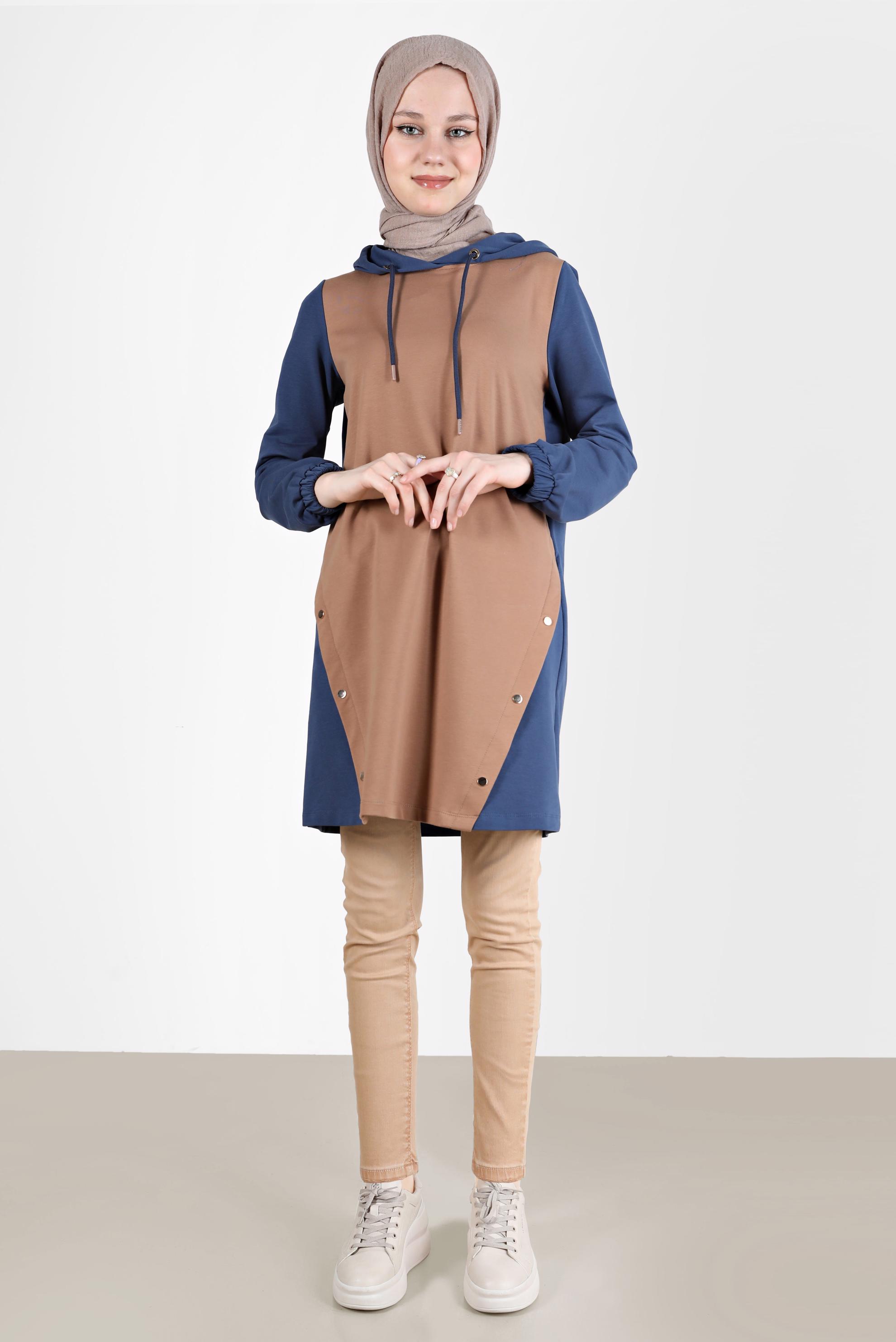 Tesettür giyim MAVİ KAPÜŞONLU ÇITÇIT DETAYLI EŞOFMAN TUNİK 42346 