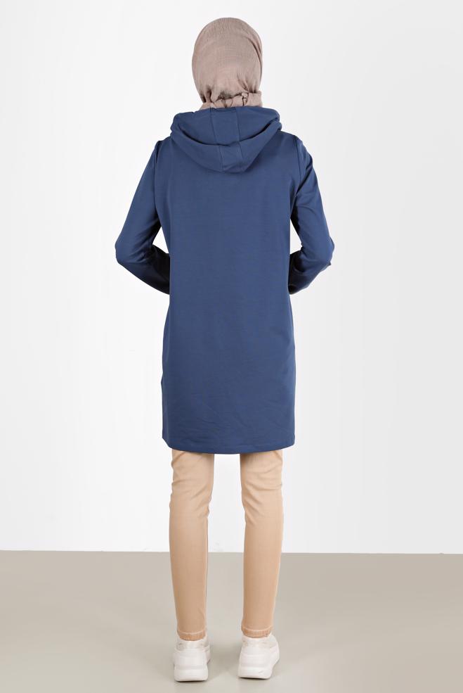 Tesettür giyim MAVİ KAPÜŞONLU ÇITÇIT DETAYLI EŞOFMAN TUNİK 42346  - ALVİNA