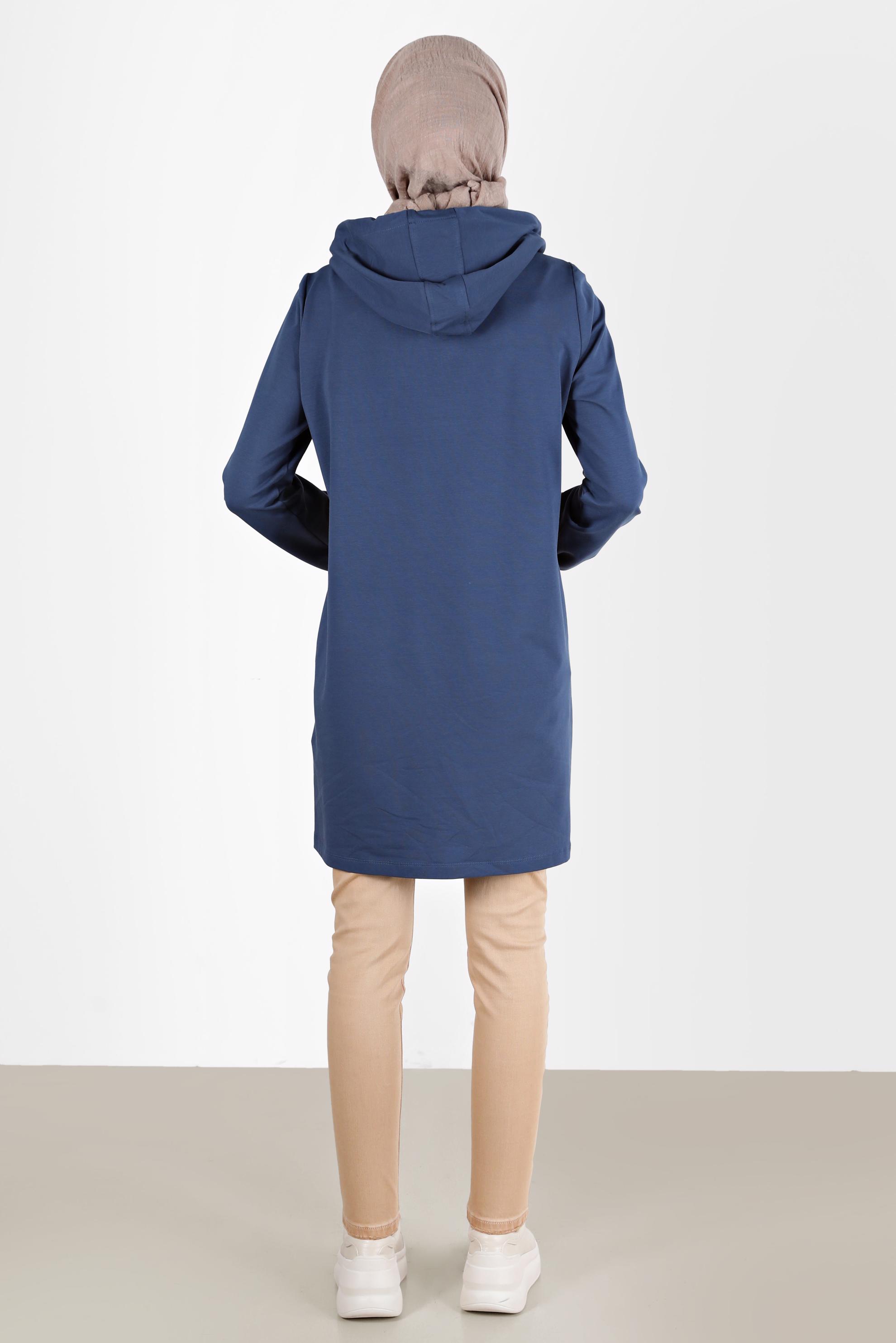 Tesettür giyim MAVİ KAPÜŞONLU ÇITÇIT DETAYLI EŞOFMAN TUNİK 42346 