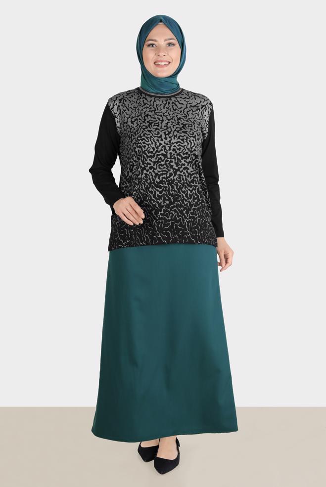 Tesettür giyim YEŞİL DERİ DETAYLI BÜYÜK BEDEN ETEK 60217  - ALVİNA