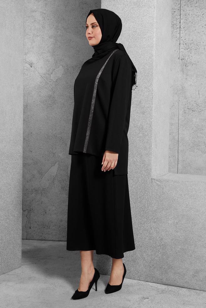 Vêtements hijab NOIR COSTUME JUPE 2 PIÈCES DÉTAIL RAYURES ARGENTÉES 20186 - ALVİNA