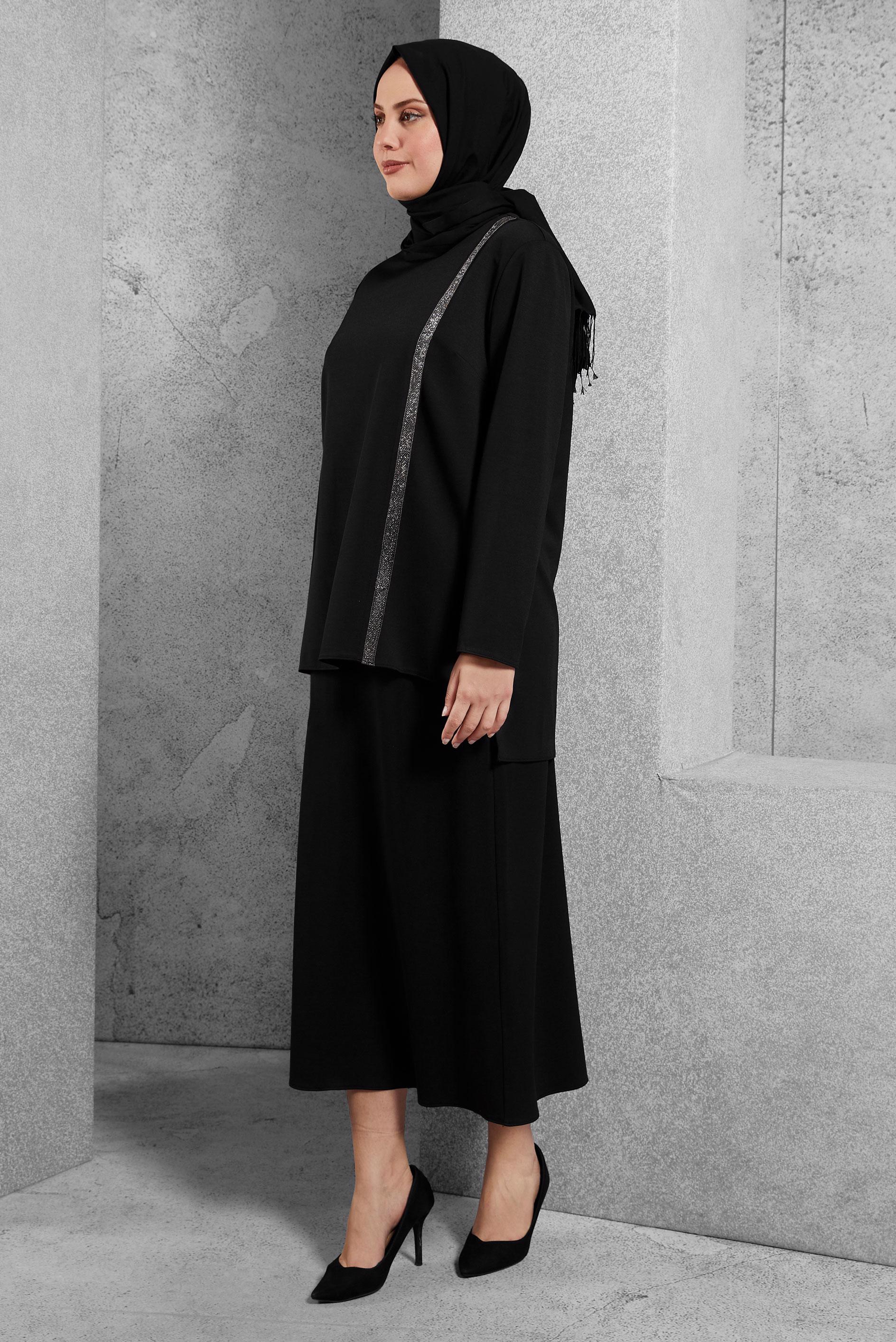 Hijab clothing BLACK SILVERY STRIPE DETAIL 2-PIECE SKIRTED SUIT 20186 