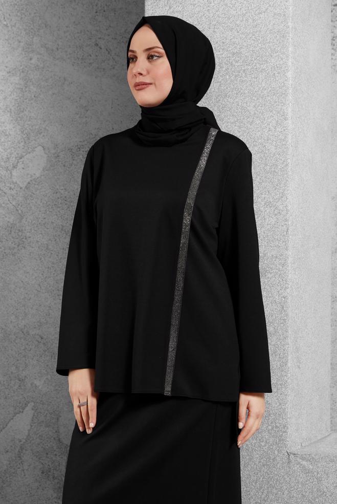 Vêtements hijab NOIR COSTUME JUPE 2 PIÈCES DÉTAIL RAYURES ARGENTÉES 20186 - ALVİNA