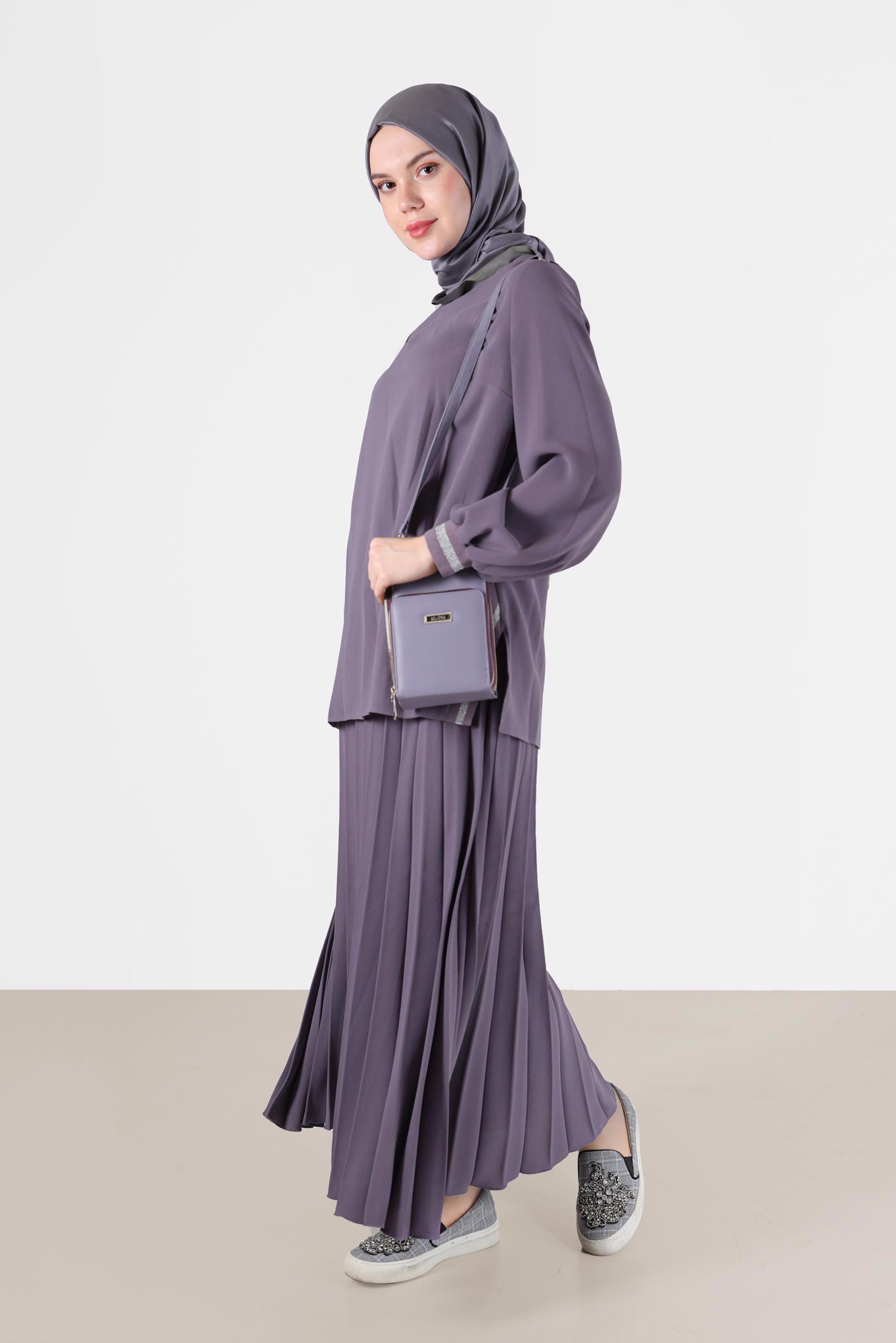 Tesettür giyim MOR SİMLİ ŞERİT DETAYLI İKİLİ ETEKLİ TAKIM 42332