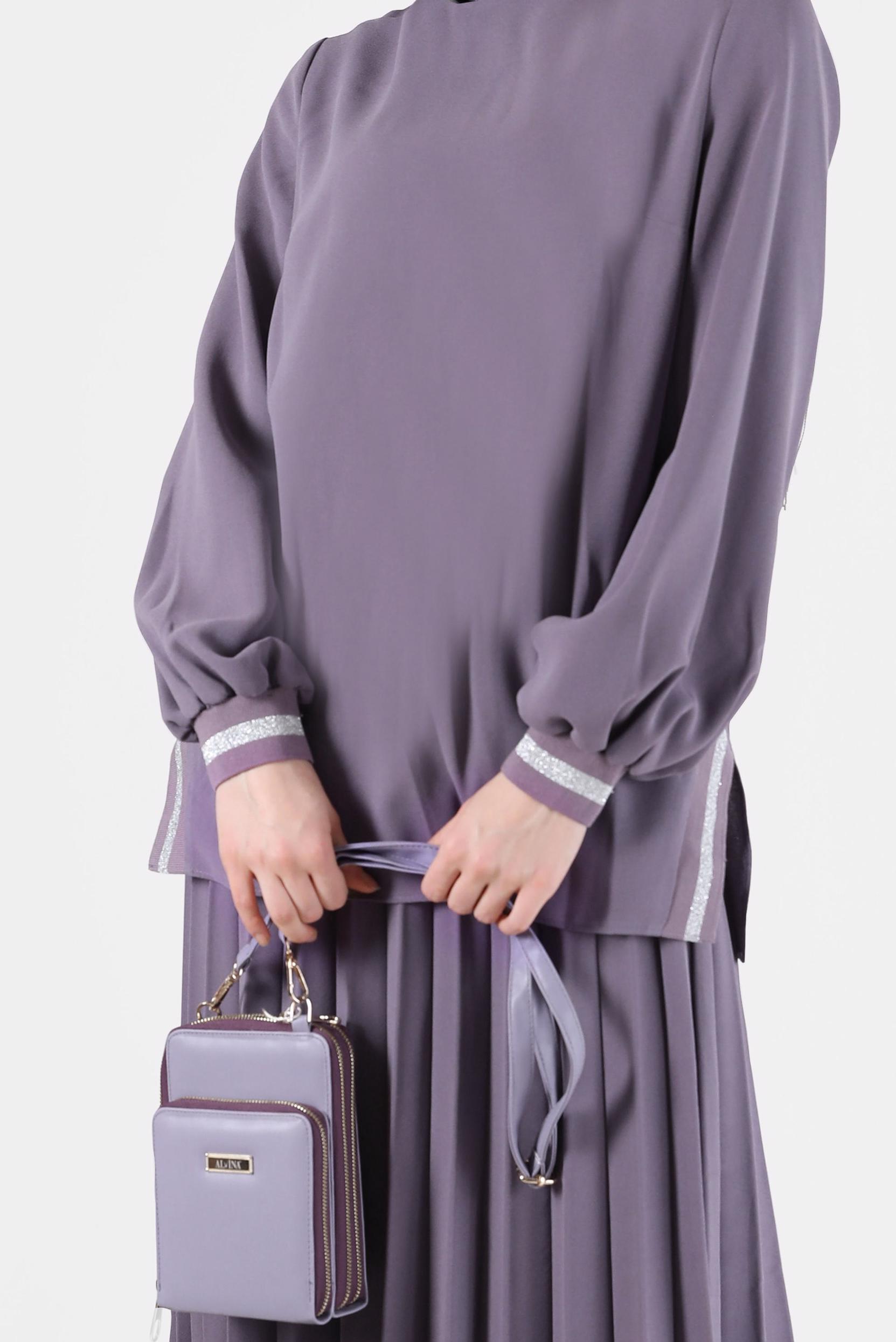 Tesettür giyim MOR SİMLİ ŞERİT DETAYLI İKİLİ ETEKLİ TAKIM 42332