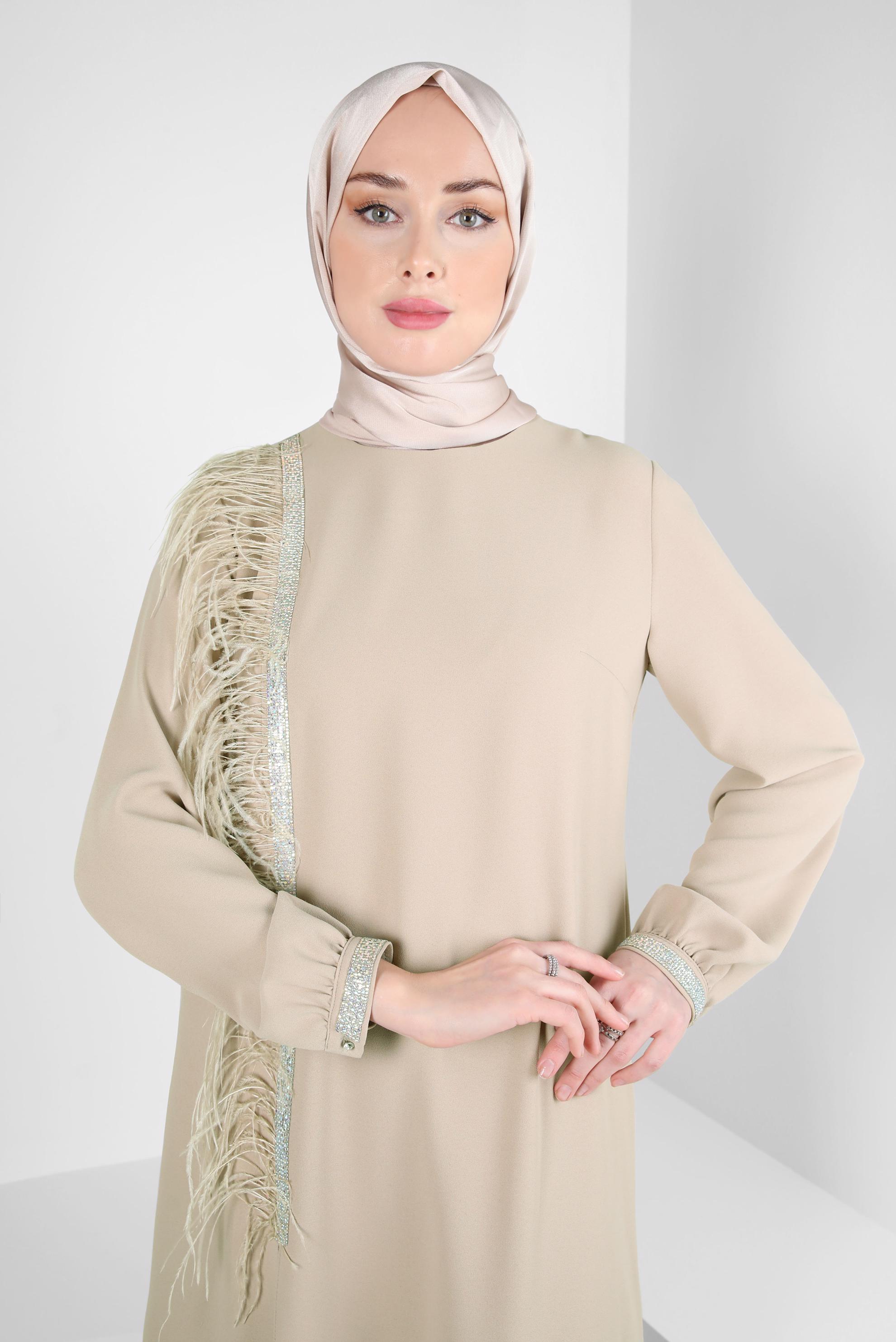 Tesettür giyim BEJ SİMLİ ŞERİT DETAYLI TÜYLÜ İKİLİ PANT. TAKIM 30201 