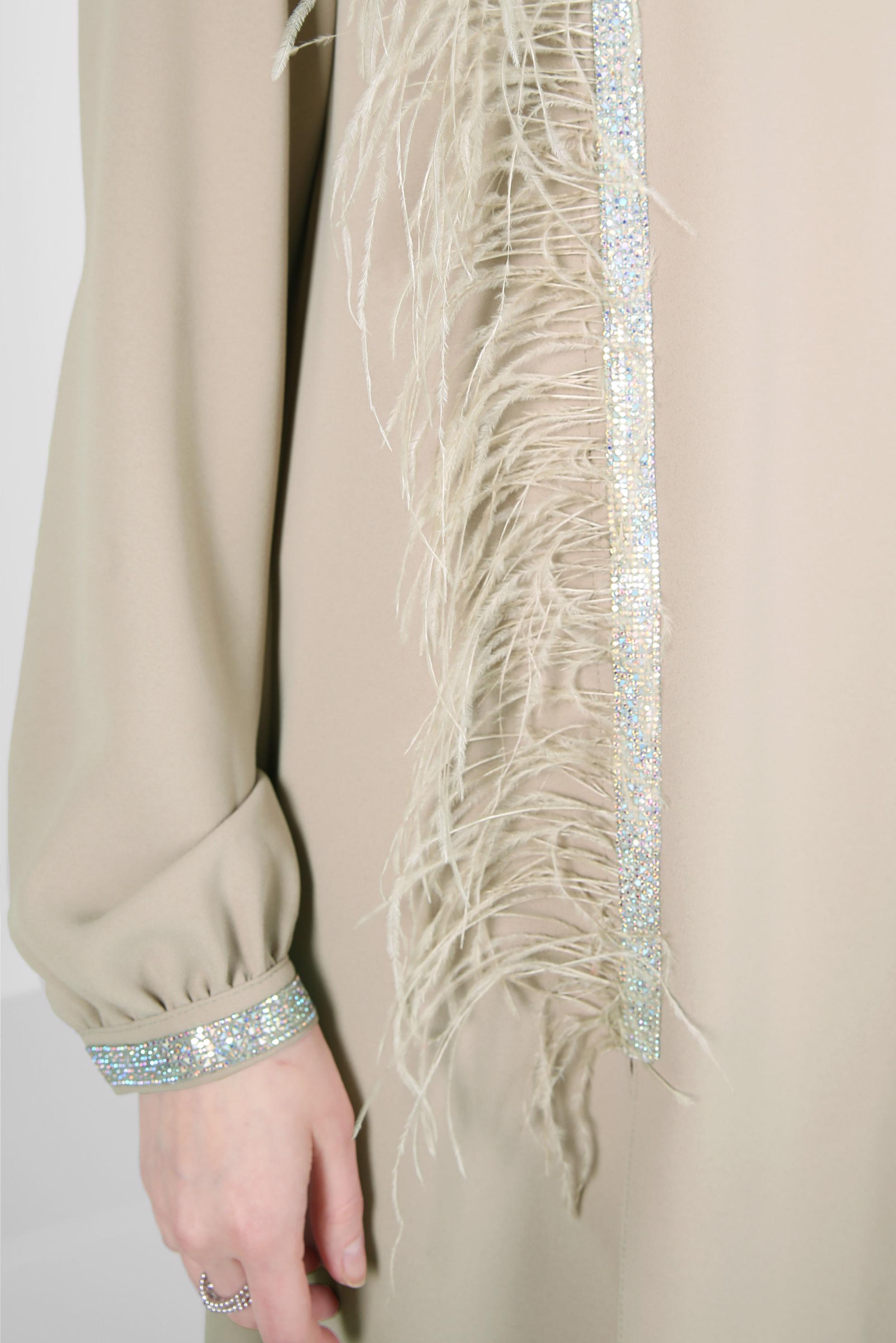 Tesettür giyim BEJ SİMLİ ŞERİT DETAYLI TÜYLÜ İKİLİ PANT. TAKIM 30201 