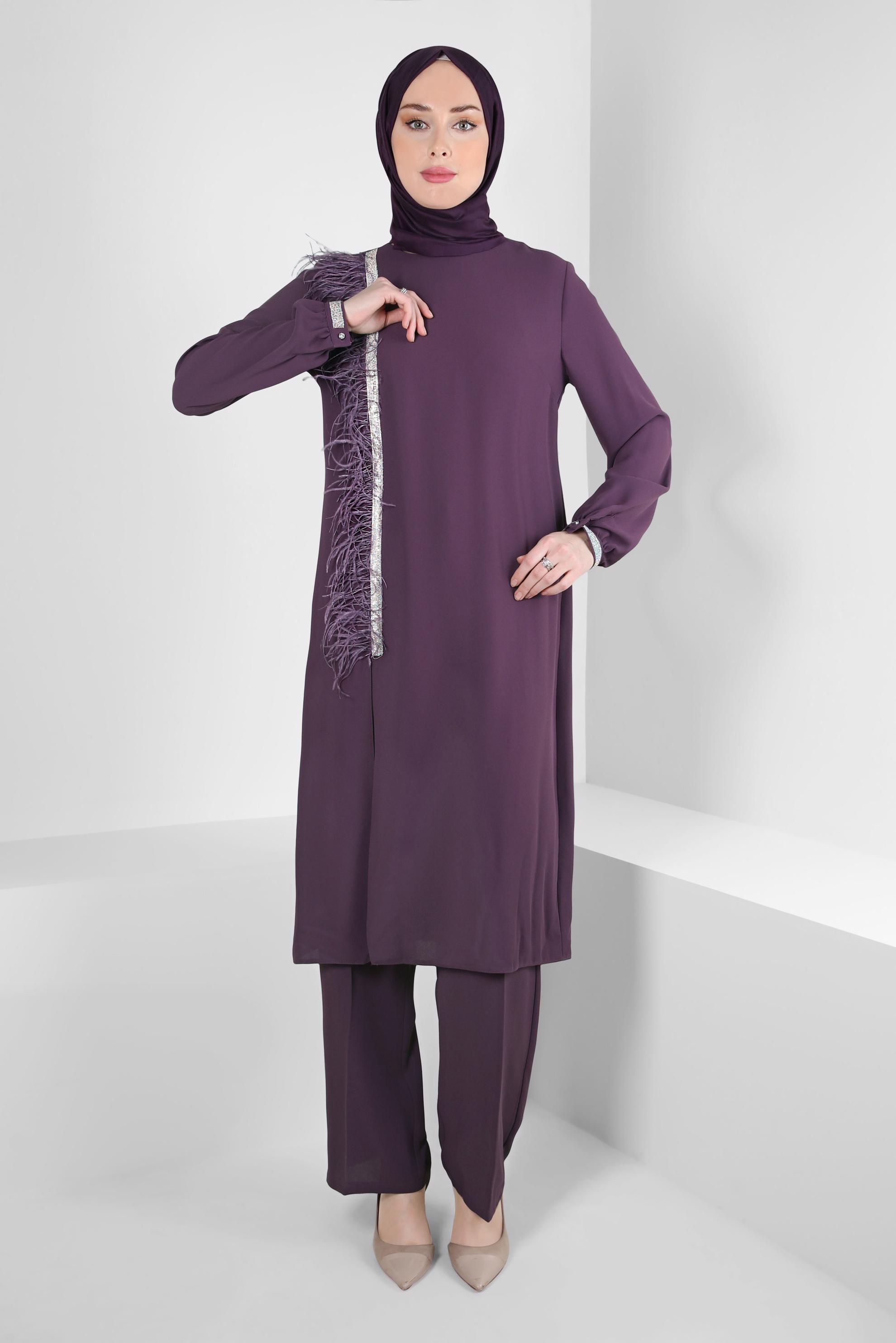 Tesettür giyim MOR SİMLİ ŞERİT DETAYLI TÜYLÜ İKİLİ PANT. TAKIM 30201 