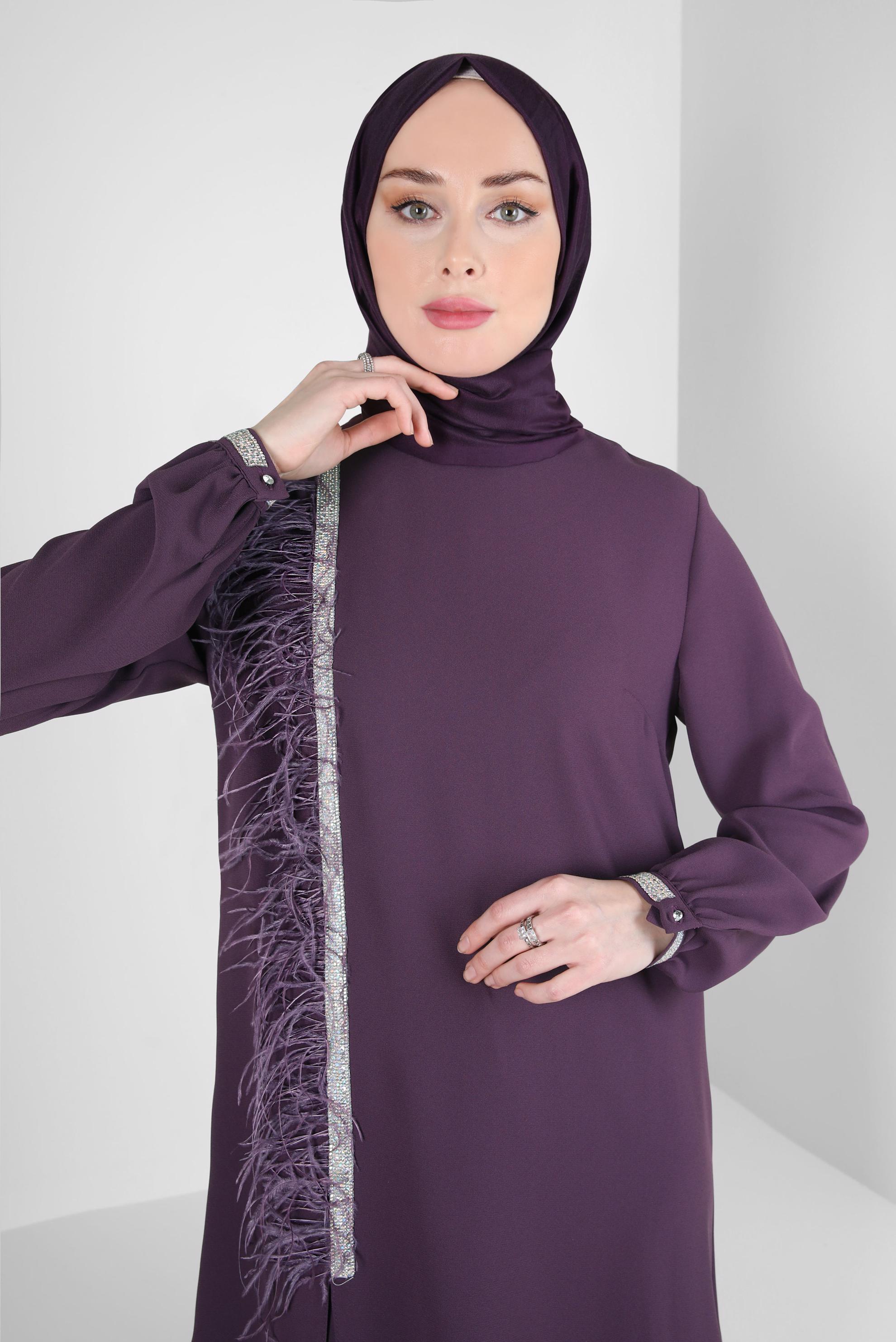 Tesettür giyim MOR SİMLİ ŞERİT DETAYLI TÜYLÜ İKİLİ PANT. TAKIM 30201 