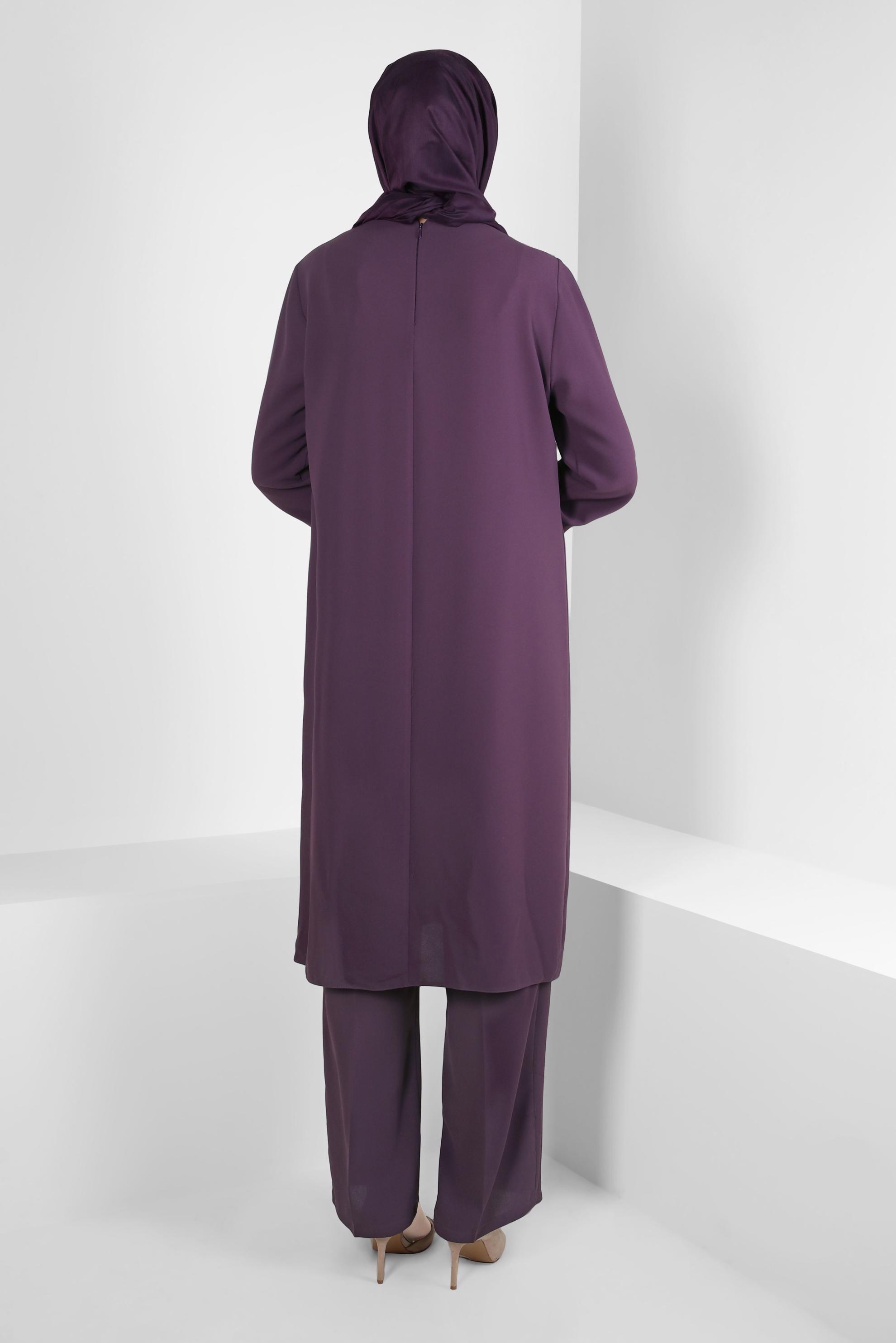 Tesettür giyim MOR SİMLİ ŞERİT DETAYLI TÜYLÜ İKİLİ PANT. TAKIM 30201 