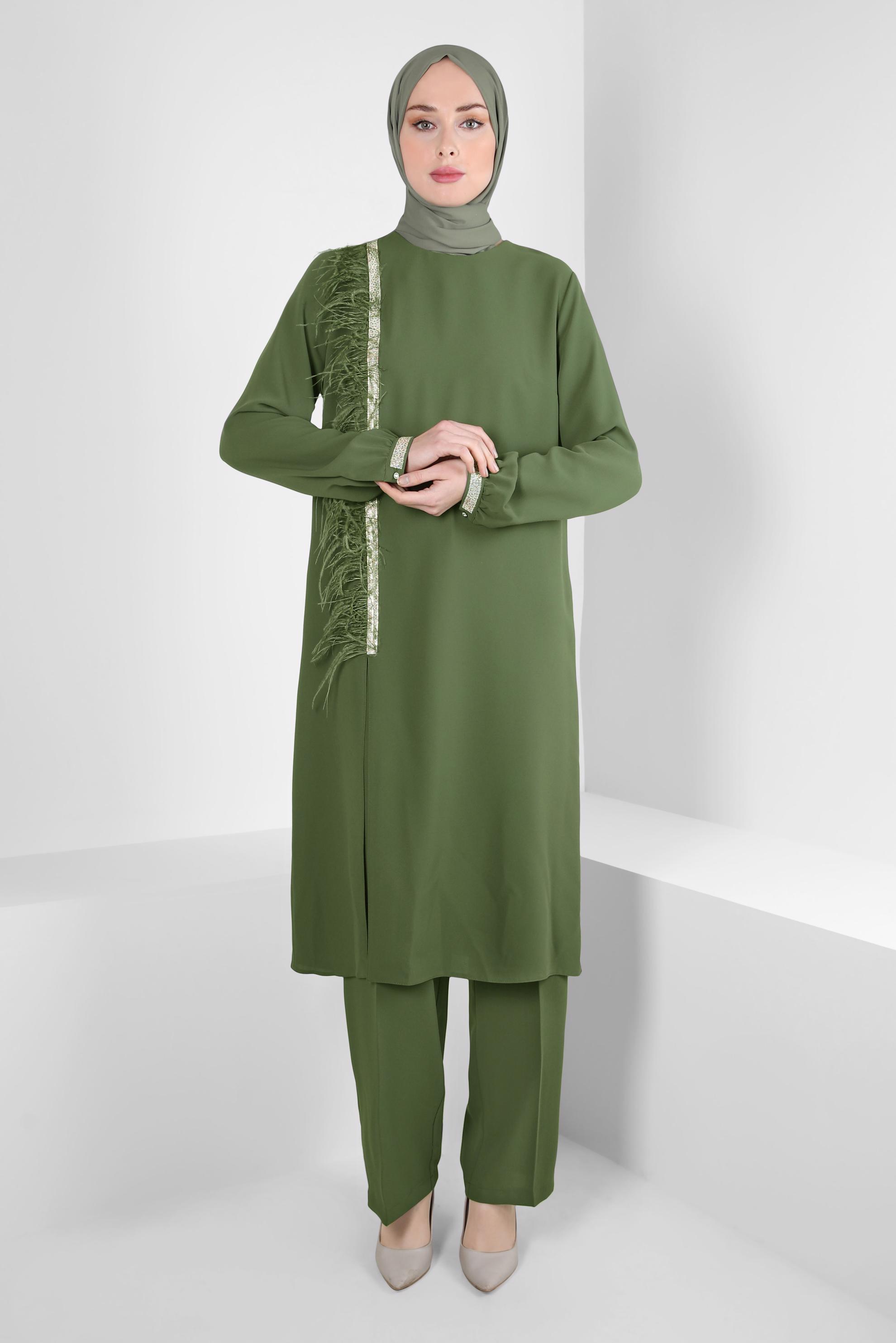 Tesettür giyim HAKİ SİMLİ ŞERİT DETAYLI TÜYLÜ İKİLİ PANT. TAKIM 30201 