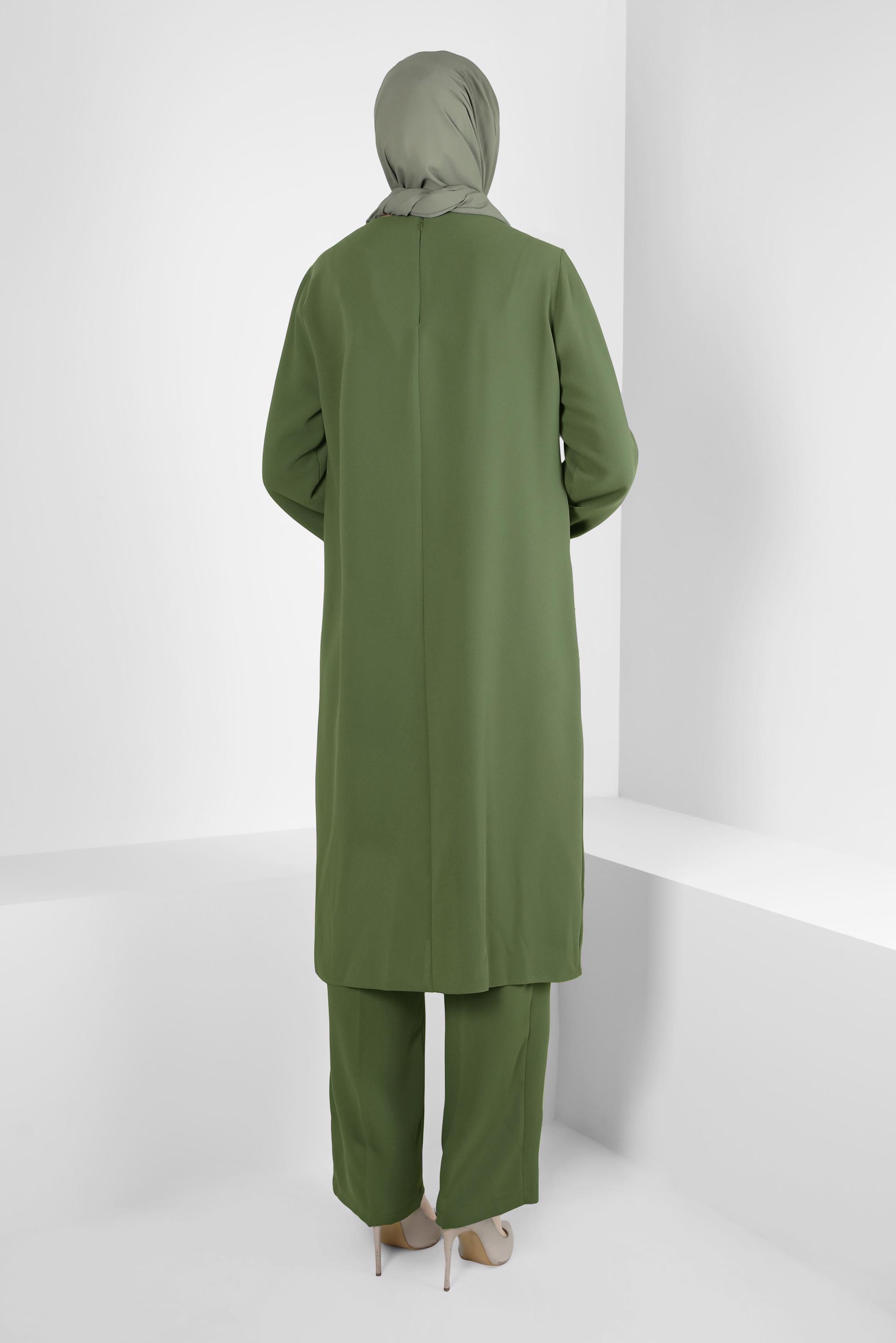 Tesettür giyim HAKİ SİMLİ ŞERİT DETAYLI TÜYLÜ İKİLİ PANT. TAKIM 30201 