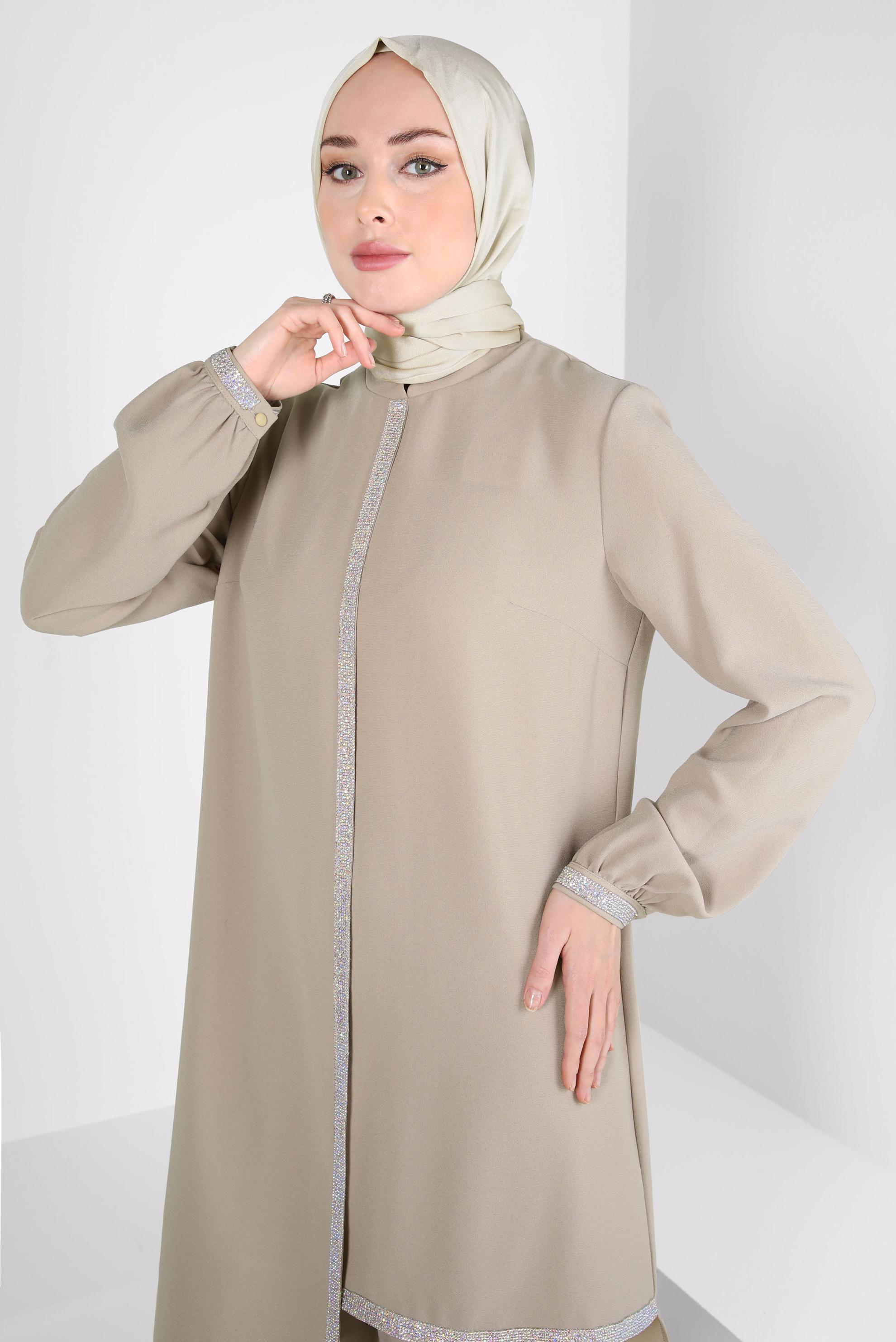 Tesettür giyim BEJ PANTOLONLU KREP TAKIM 30203