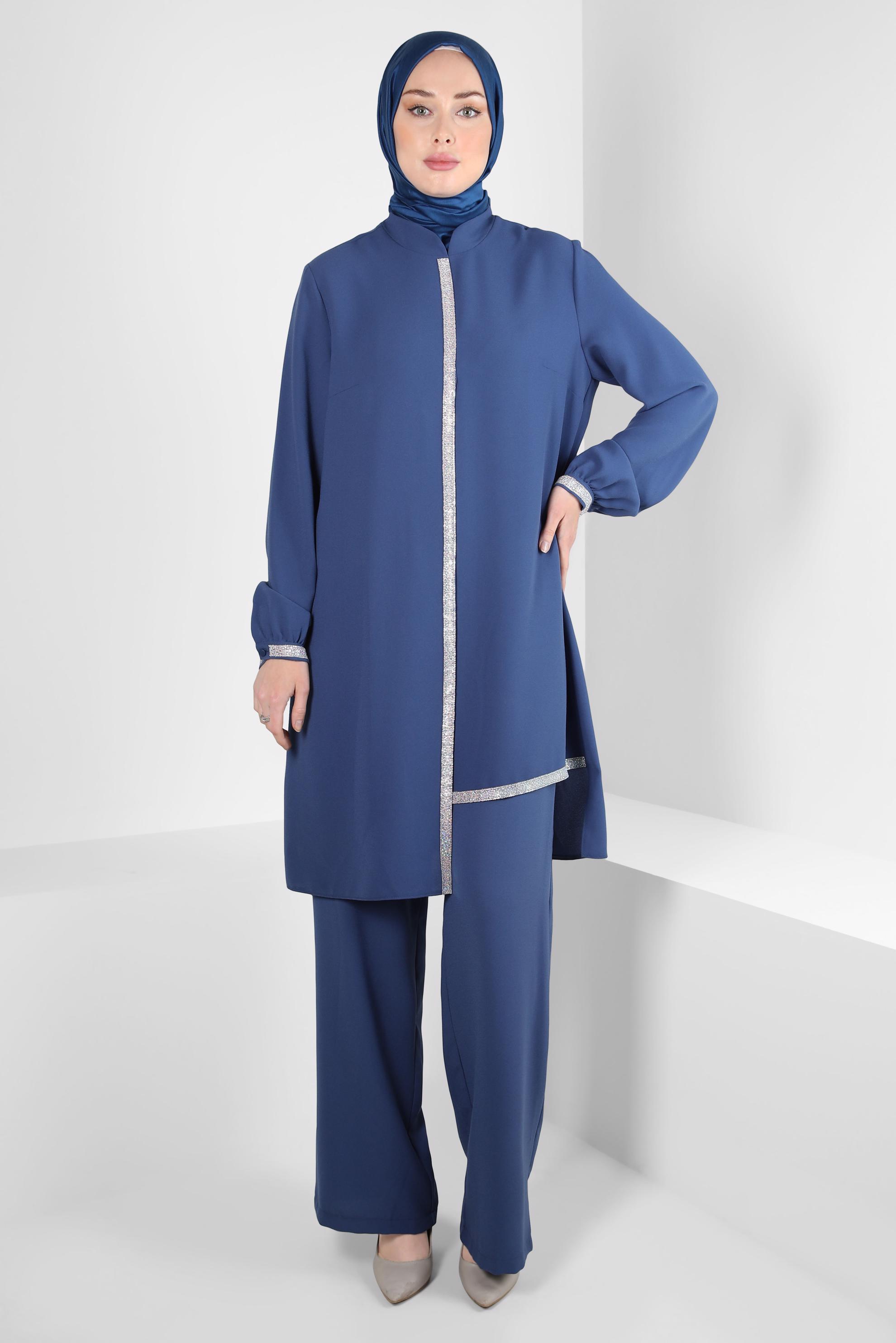 Tesettür giyim LACİVERT PANTOLONLU KREP TAKIM 30203