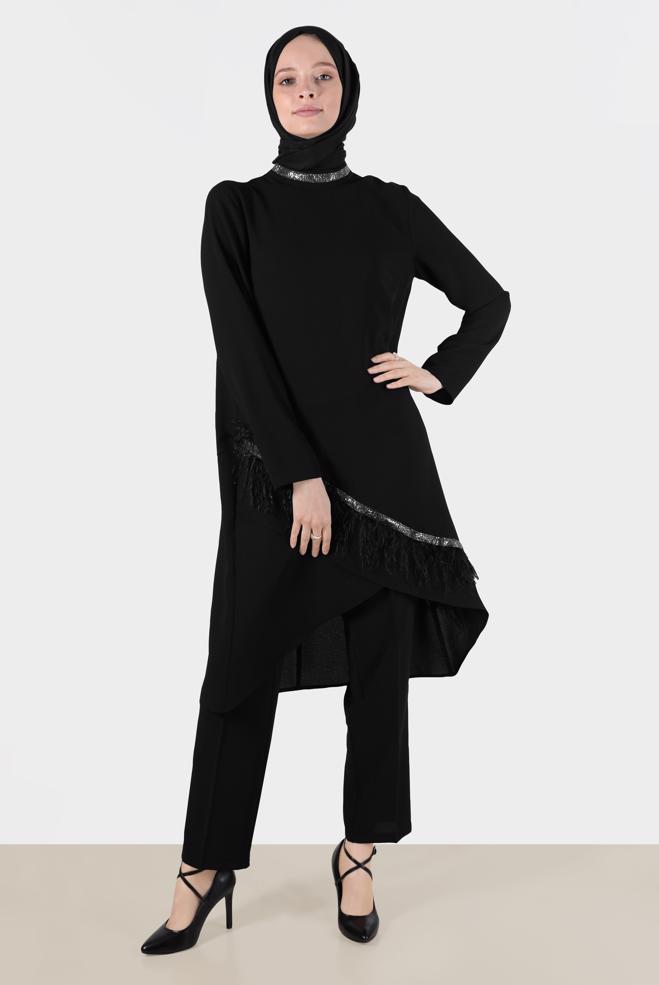 Tesettür giyim SİYAH TÜY DETAYLI TAŞLI İKİLİ PANT TAKIM 30204  - ALVİNA