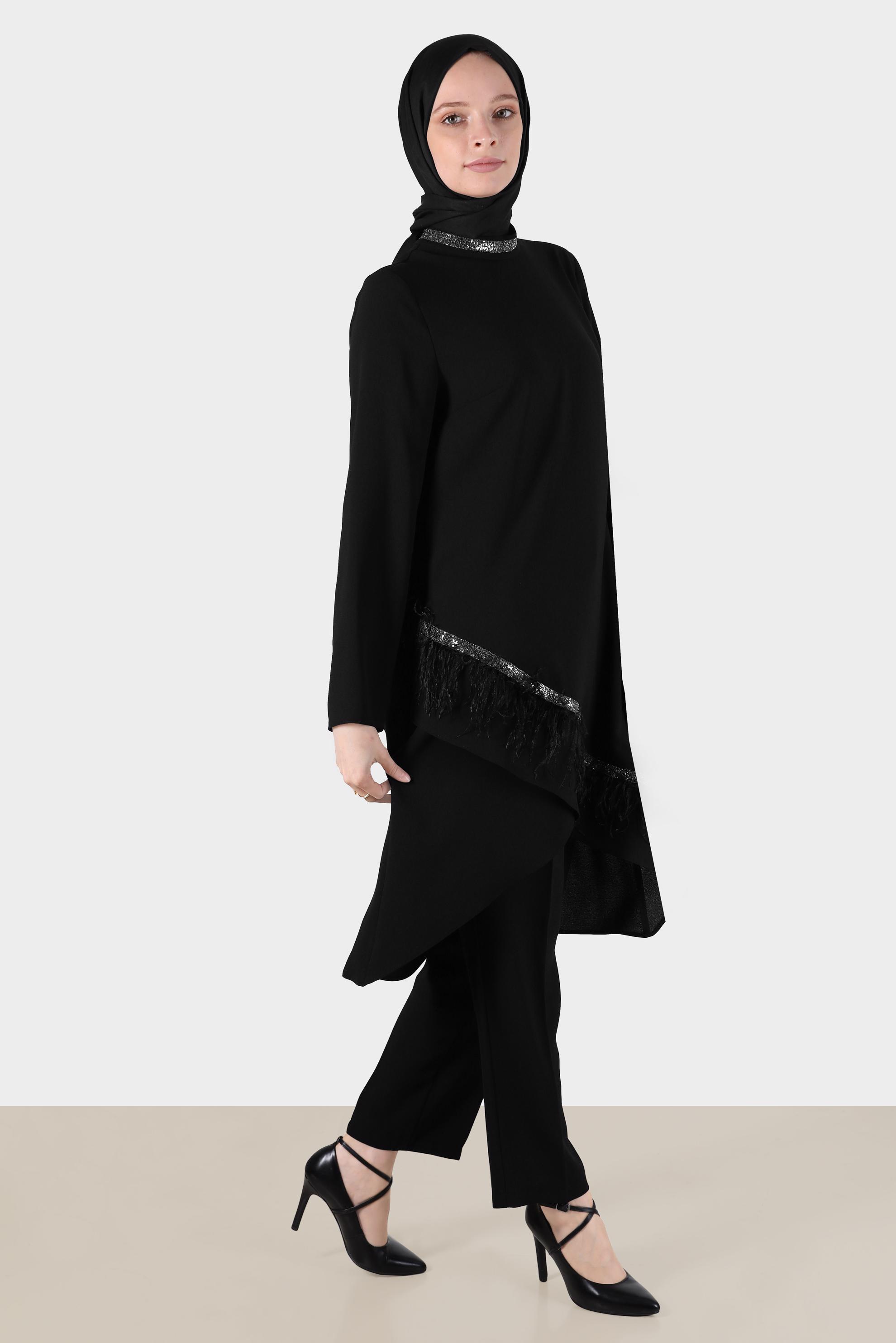 Tesettür giyim SİYAH TÜY DETAYLI TAŞLI İKİLİ PANT TAKIM 30204 