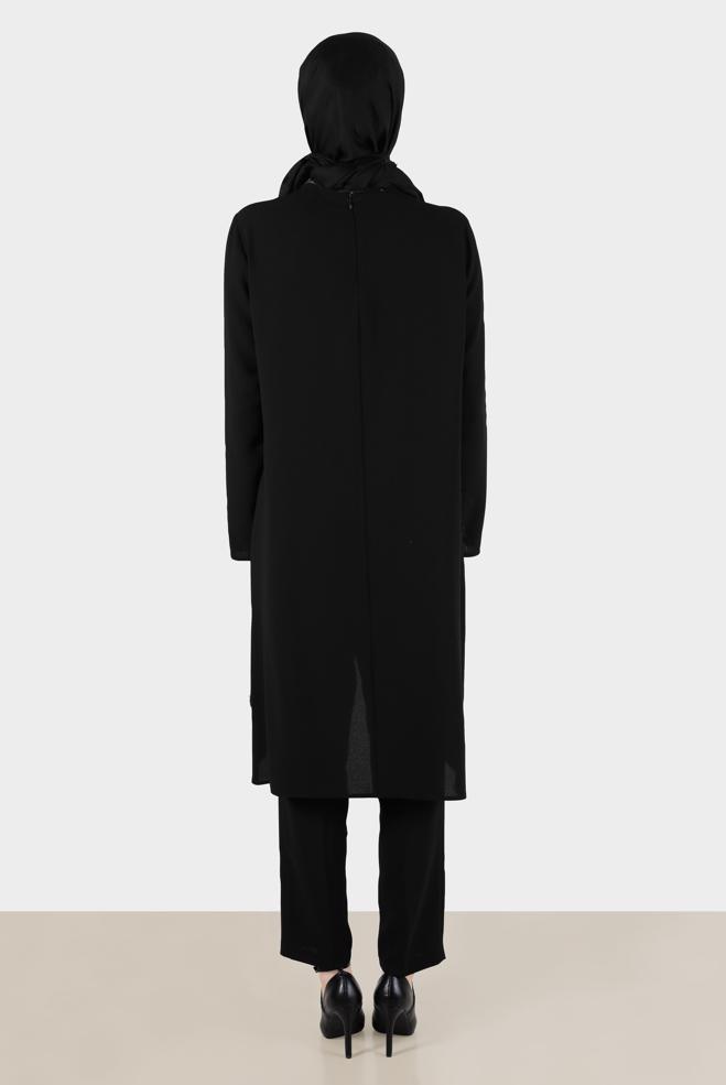 Tesettür giyim SİYAH TÜY DETAYLI TAŞLI İKİLİ PANT TAKIM 30204  - ALVİNA