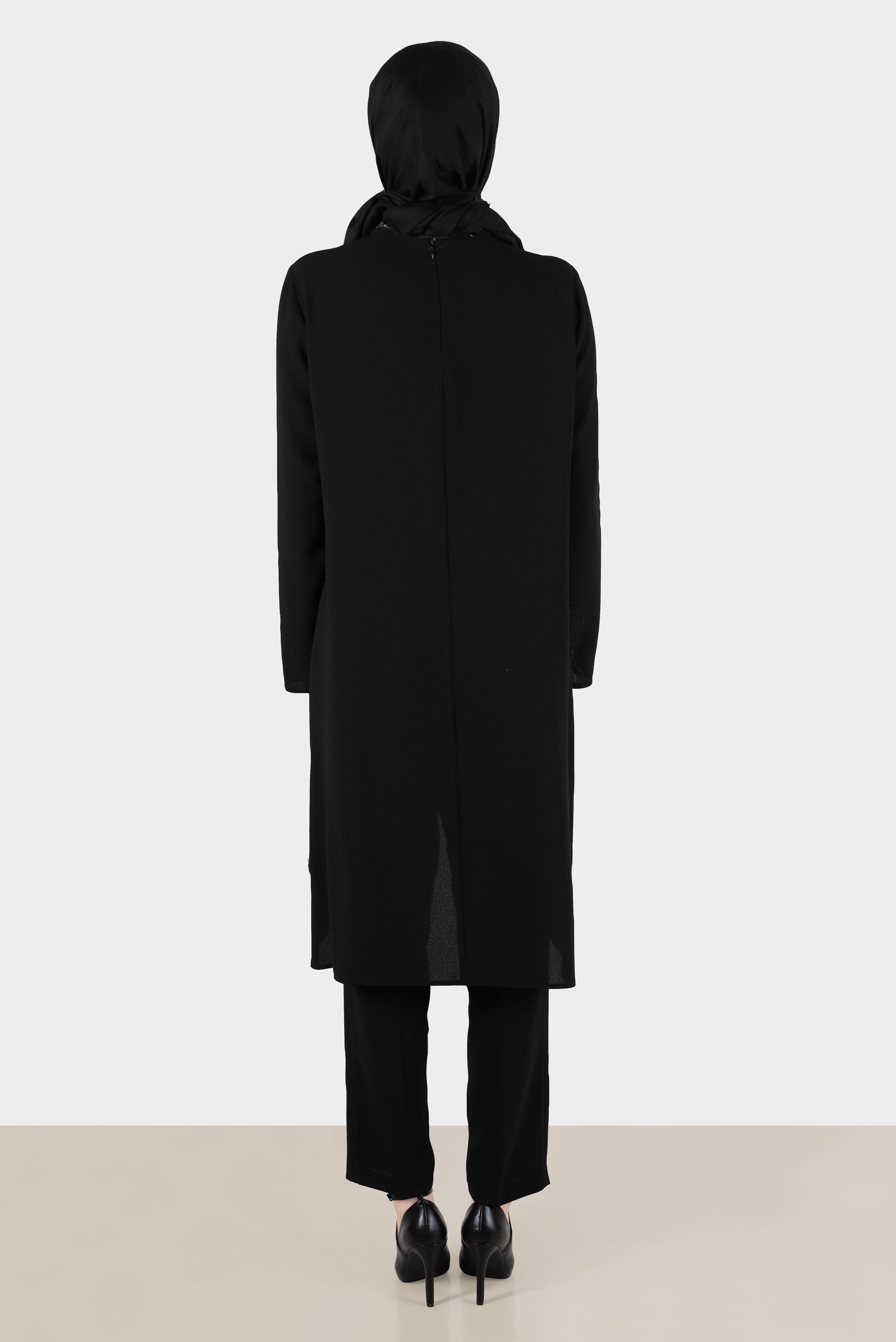 Tesettür giyim SİYAH TÜY DETAYLI TAŞLI İKİLİ PANT TAKIM 30204 