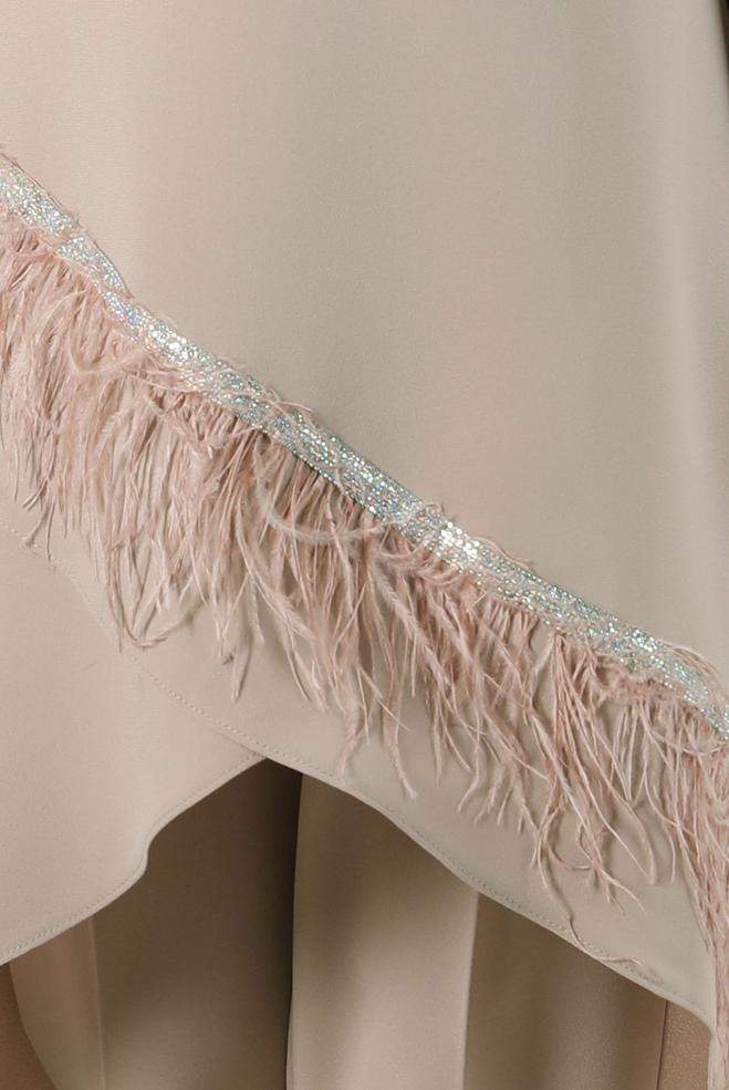 Tesettür giyim BEJ TÜY DETAYLI TAŞLI İKİLİ PANT TAKIM 30204  - ALVİNA