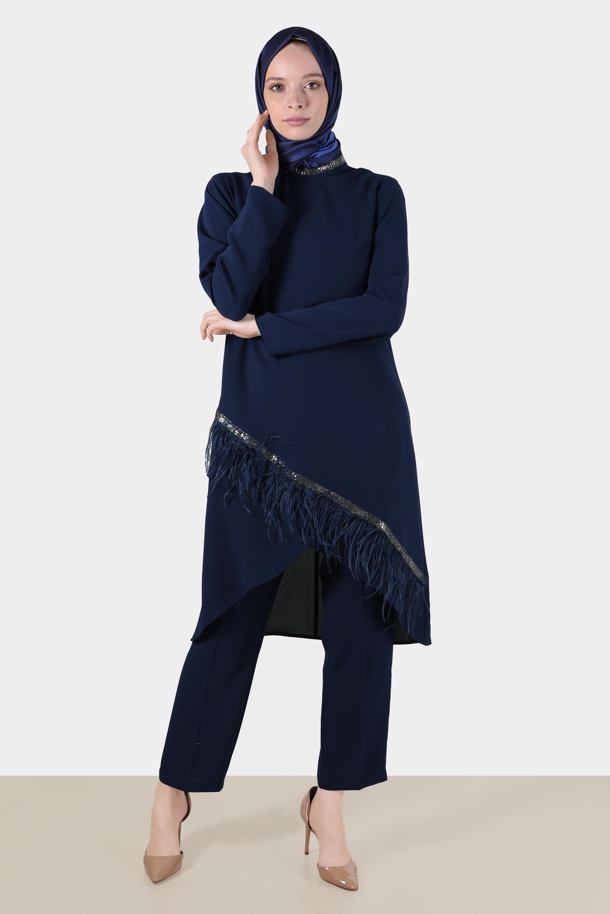 Vêtements hijab BLEU MARINE ENSEMBLE PANTALON 2 PIÈCES RAYÉ GEM DÉTAIL PLUMES 30204