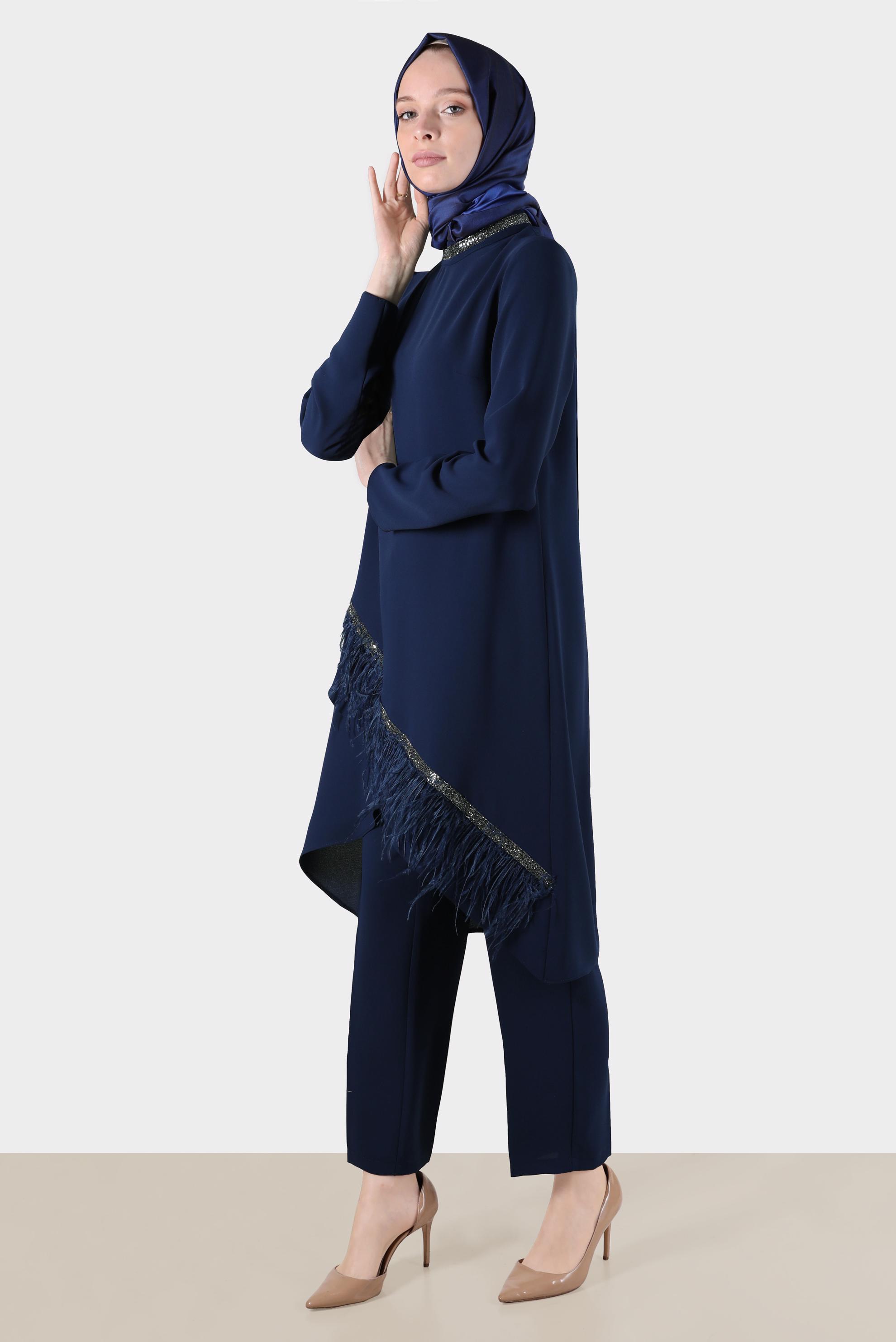 Vêtements hijab BLEU MARINE ENSEMBLE PANTALON 2 PIÈCES RAYÉ GEM DÉTAIL PLUMES 30204