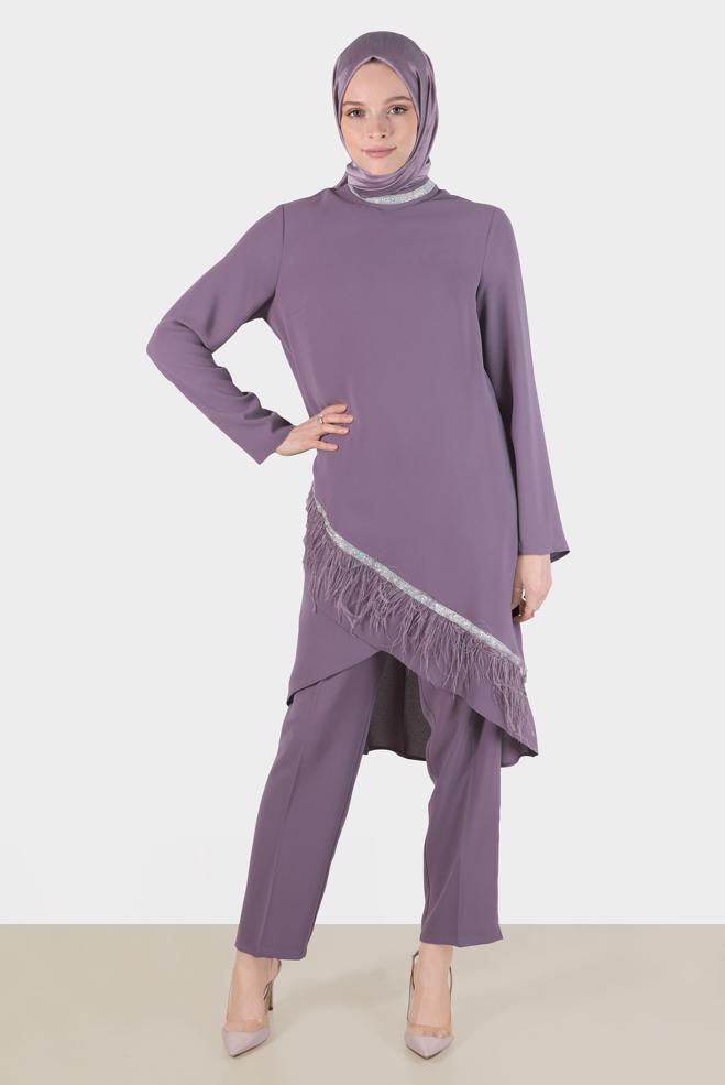 Tesettür giyim MOR TÜY DETAYLI TAŞLI İKİLİ PANT TAKIM 30204  - ALVİNA