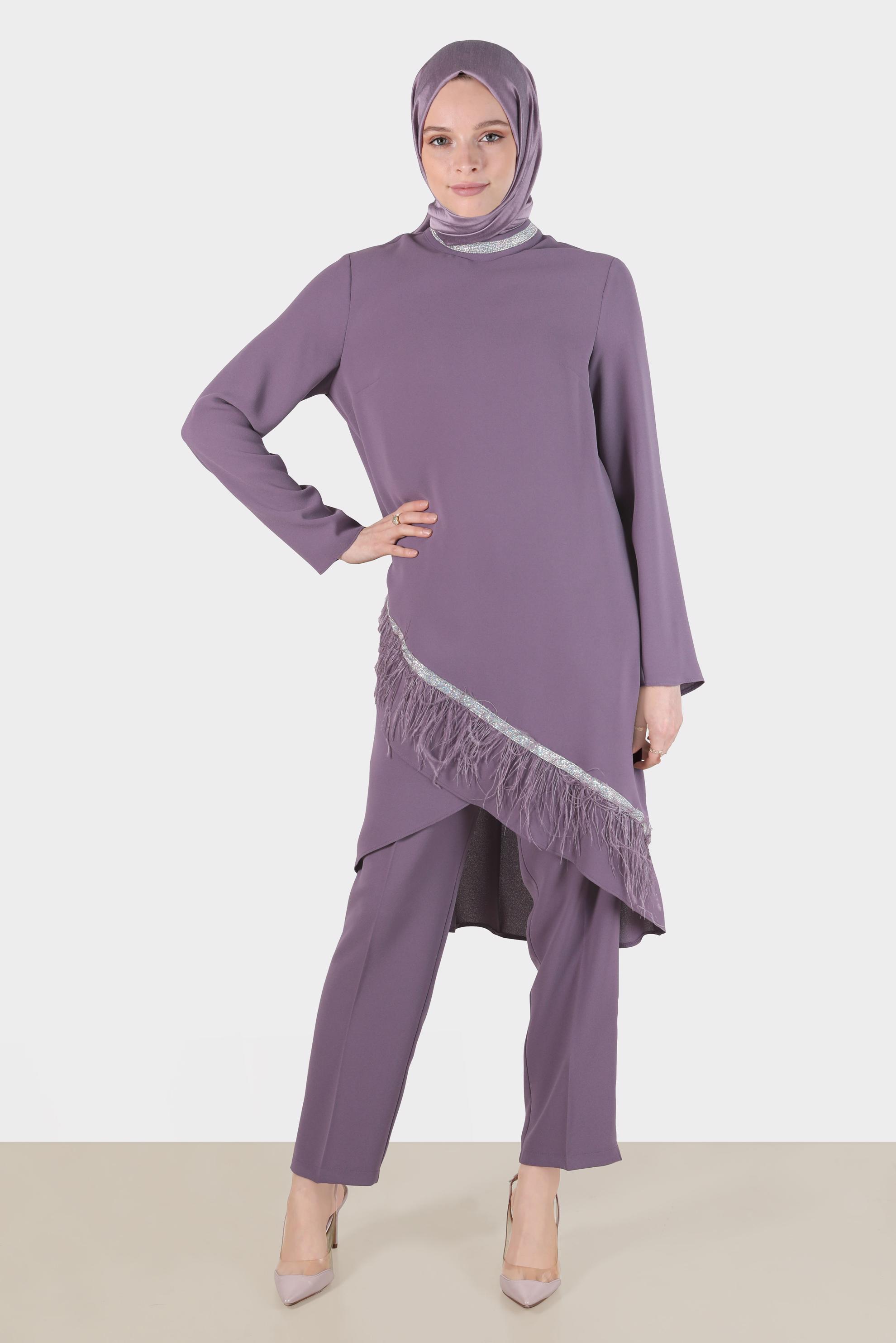 Tesettür giyim MOR TÜY DETAYLI TAŞLI İKİLİ PANT TAKIM 30204 