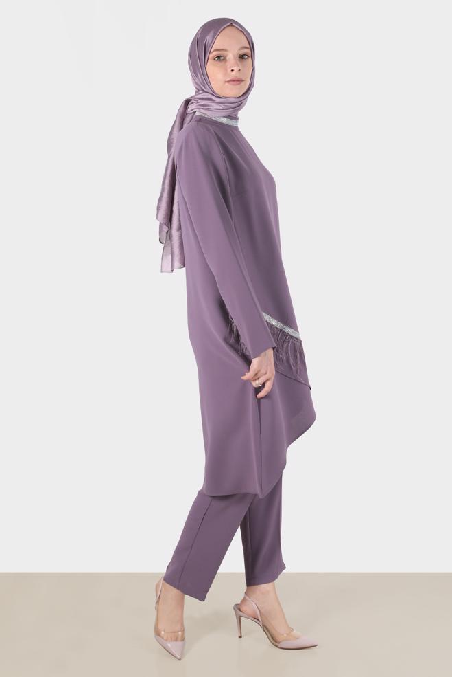 Tesettür giyim MOR TÜY DETAYLI TAŞLI İKİLİ PANT TAKIM 30204  - ALVİNA