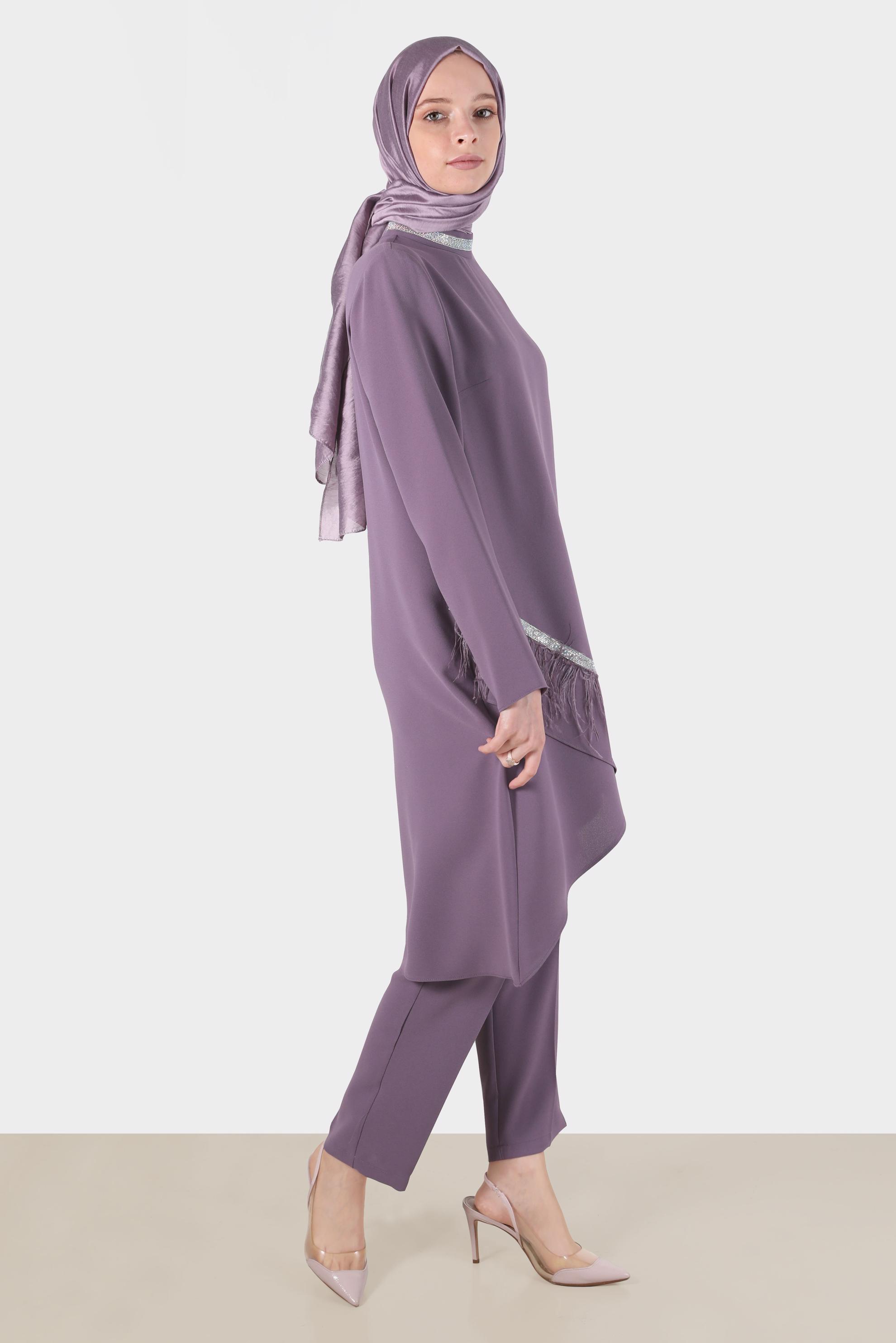 Tesettür giyim MOR TÜY DETAYLI TAŞLI İKİLİ PANT TAKIM 30204 