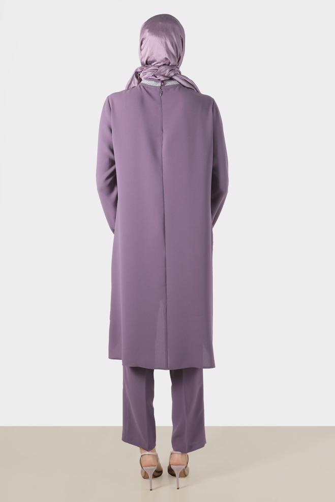 Tesettür giyim MOR TÜY DETAYLI TAŞLI İKİLİ PANT TAKIM 30204  - ALVİNA