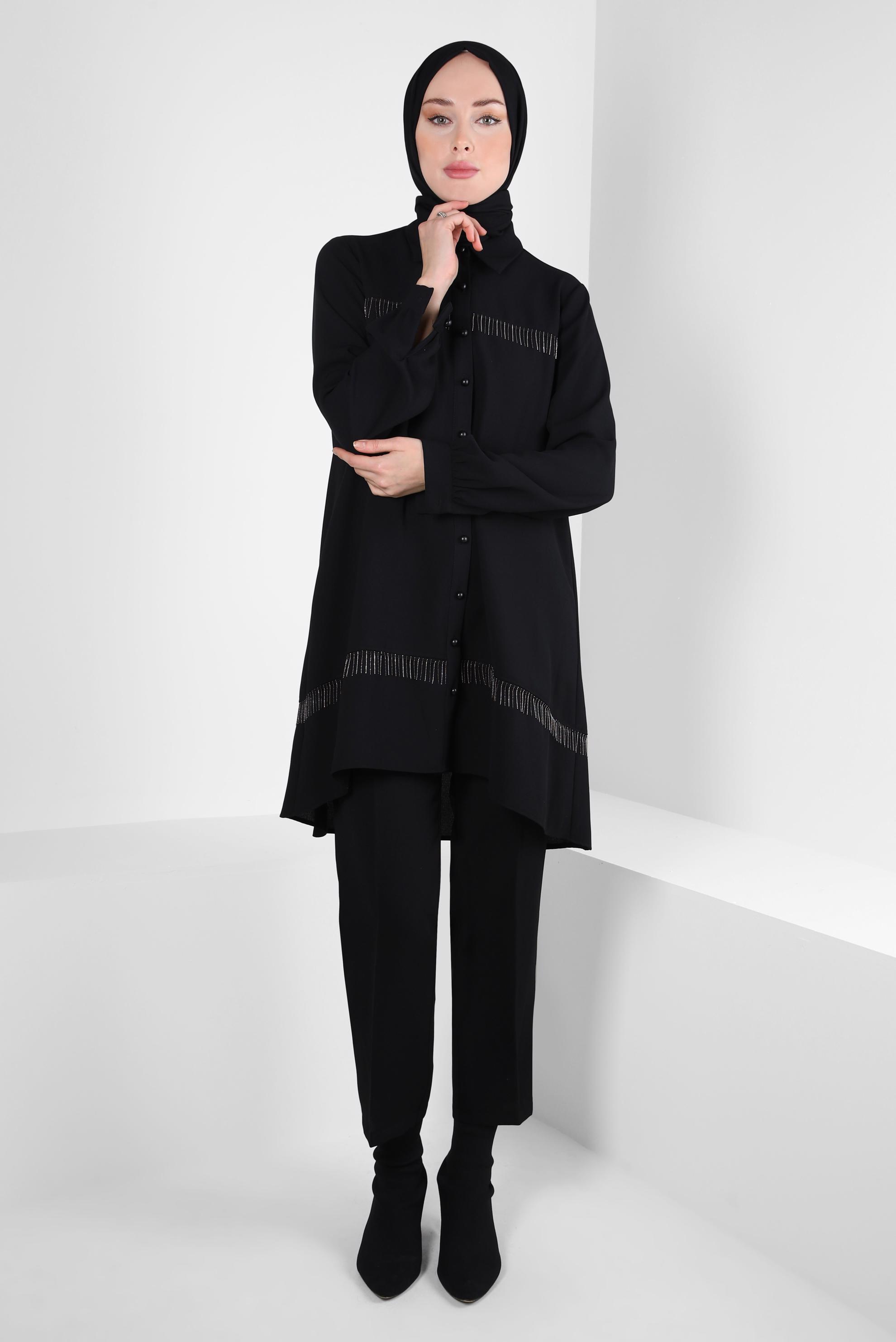 Tesettür giyim SİYAH PÜSKÜL DETAYLI PANTOLONLU TAKIM 