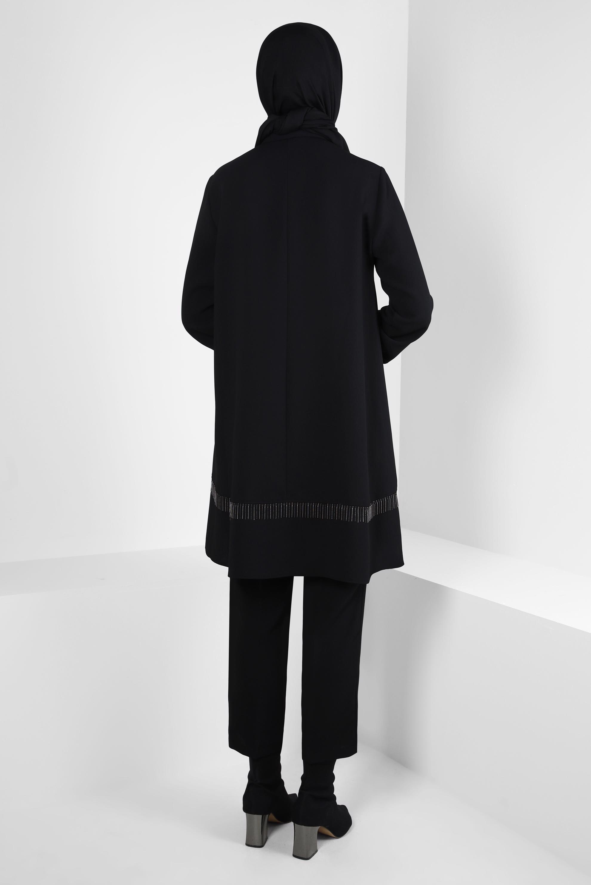 Tesettür giyim SİYAH PÜSKÜL DETAYLI PANTOLONLU TAKIM 