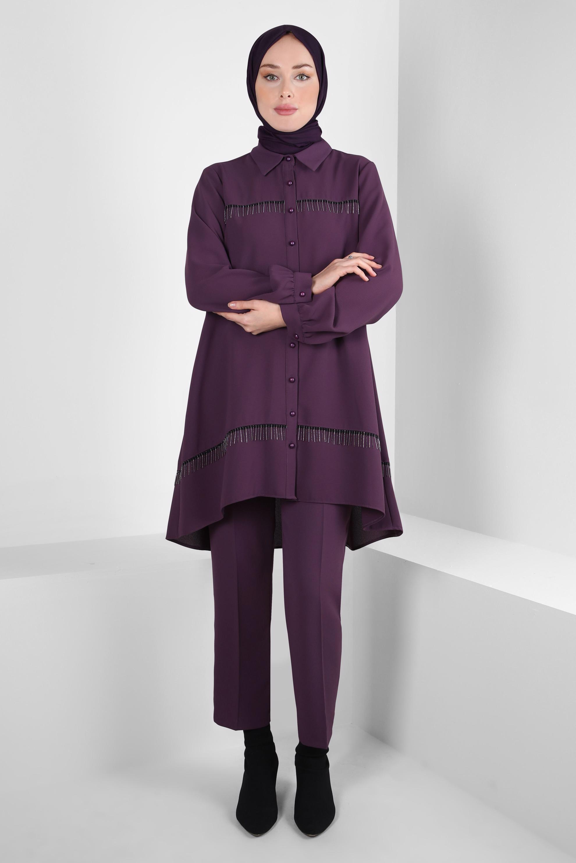 Tesettür giyim MOR PÜSKÜL DETAYLI PANTOLONLU TAKIM 