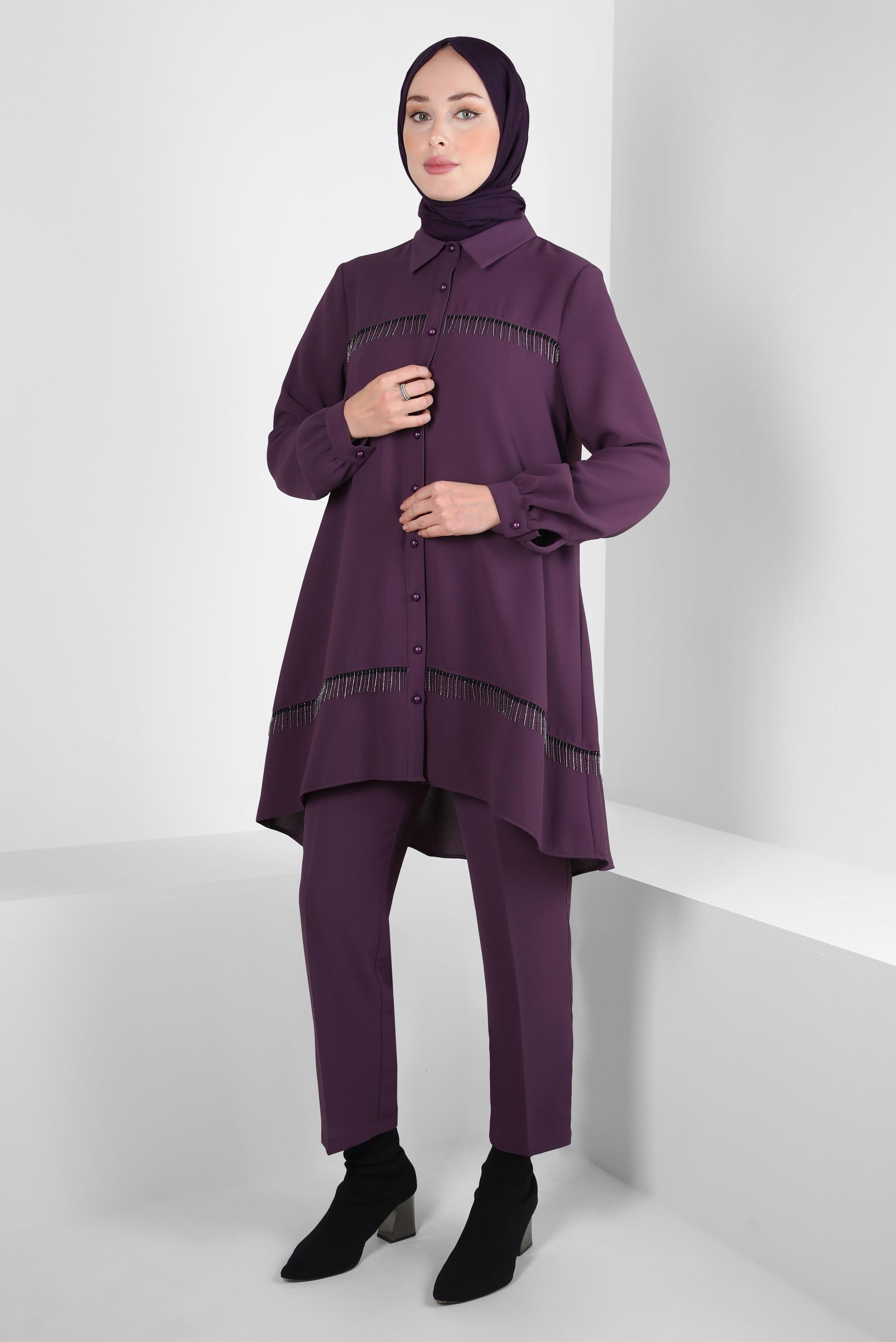 Tesettür giyim MOR PÜSKÜL DETAYLI PANTOLONLU TAKIM 