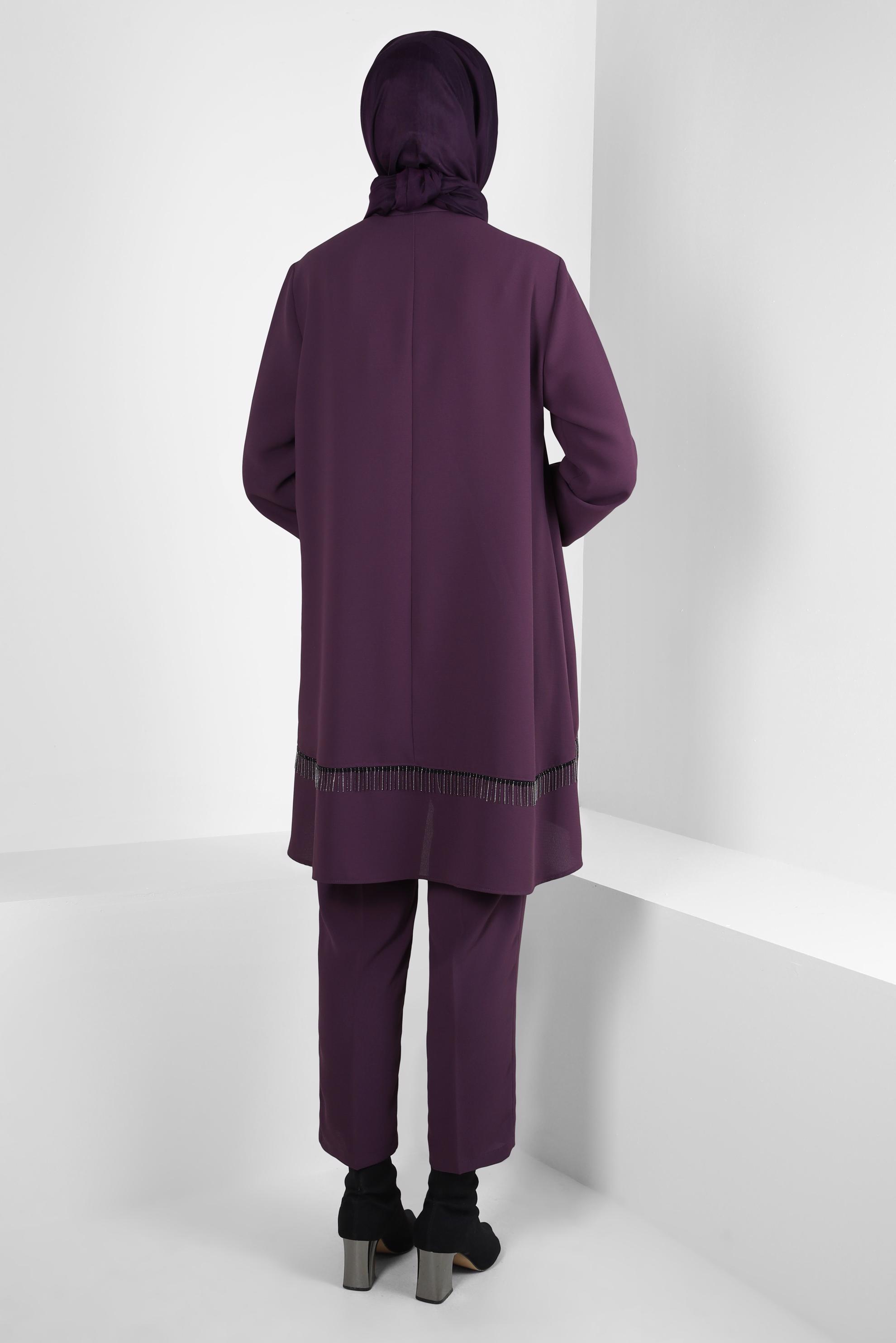 Tesettür giyim MOR PÜSKÜL DETAYLI PANTOLONLU TAKIM 