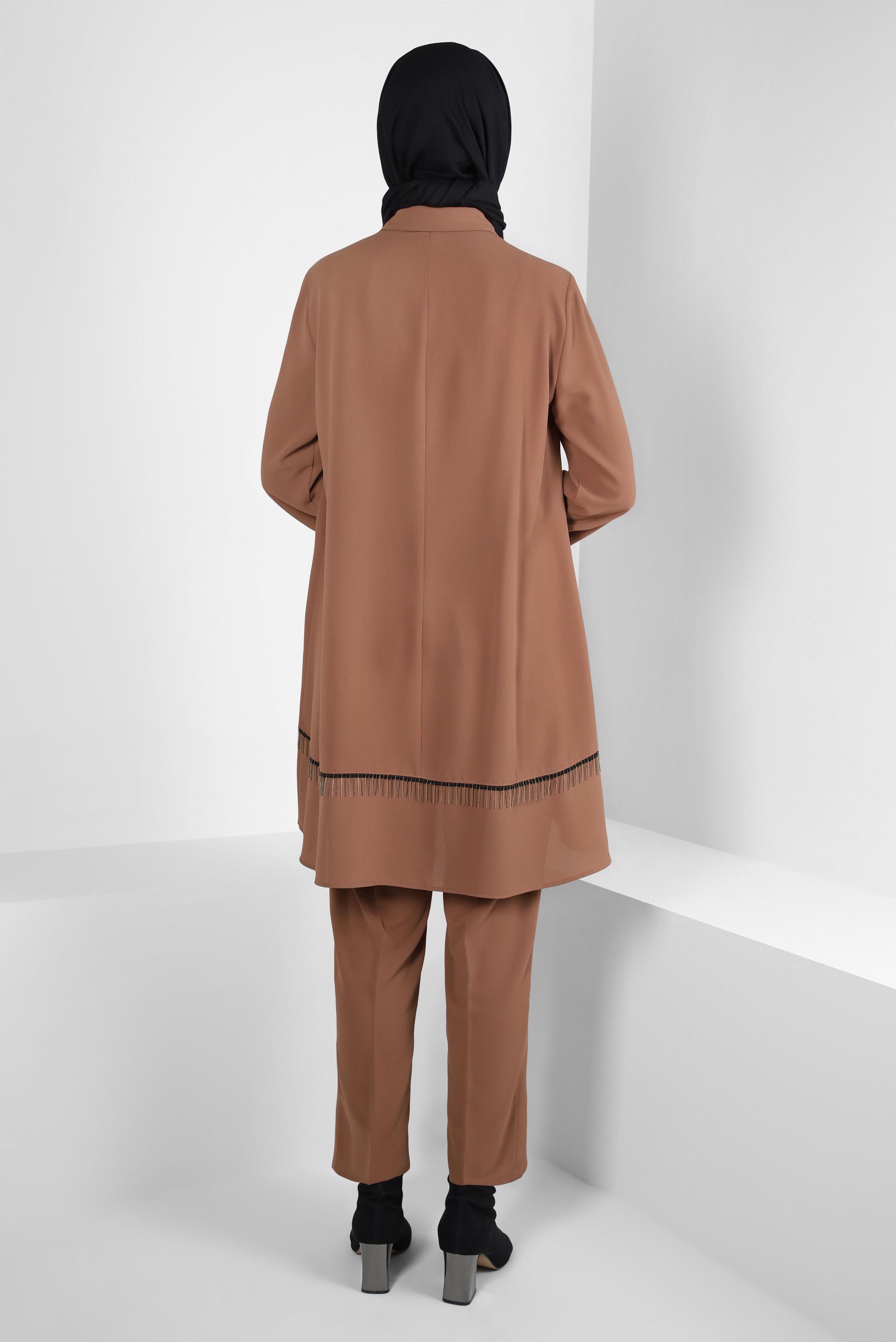 Tesettür giyim TABA PÜSKÜL DETAYLI PANTOLONLU TAKIM 