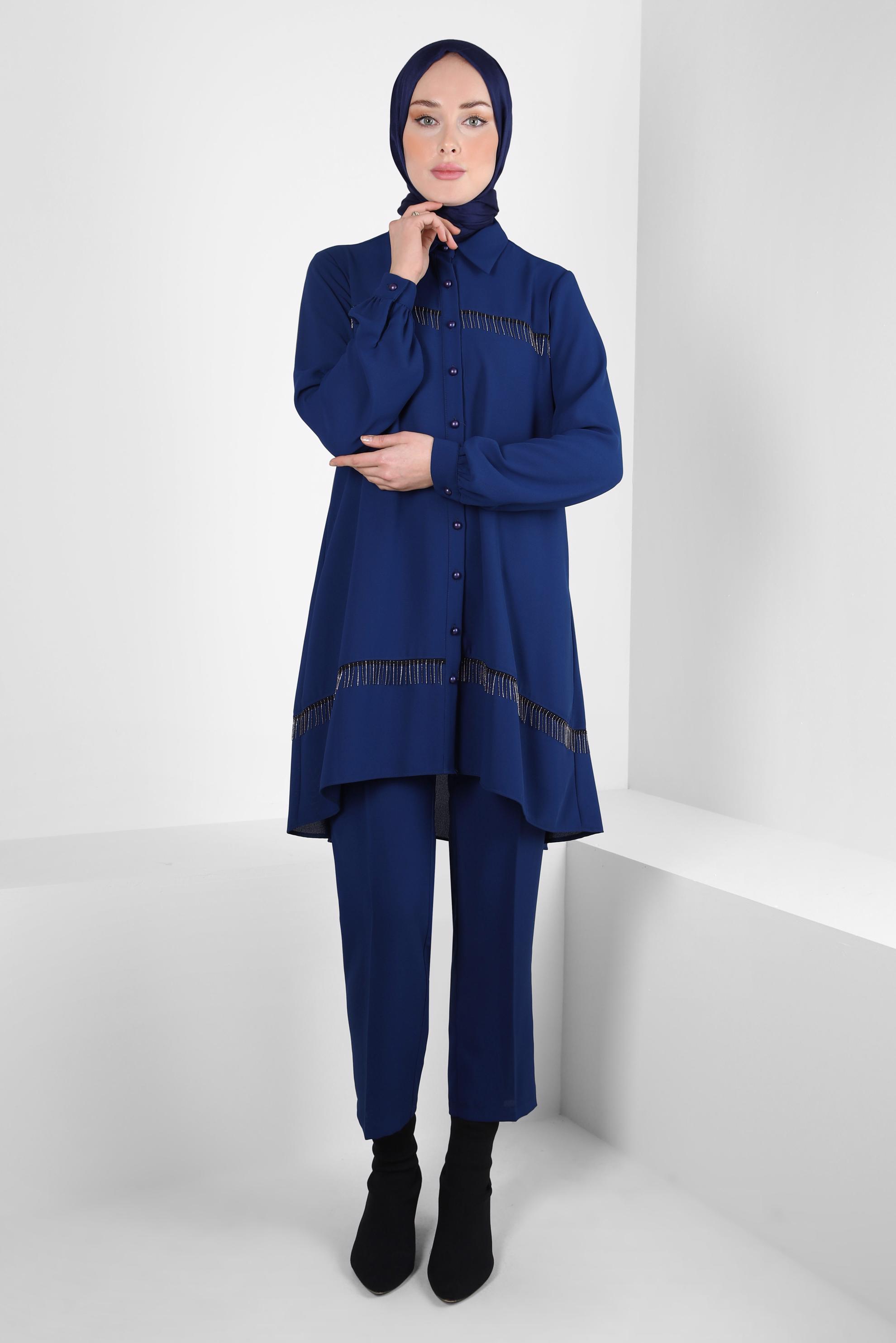 Tesettür giyim LACİVERT PÜSKÜL DETAYLI PANTOLONLU TAKIM 