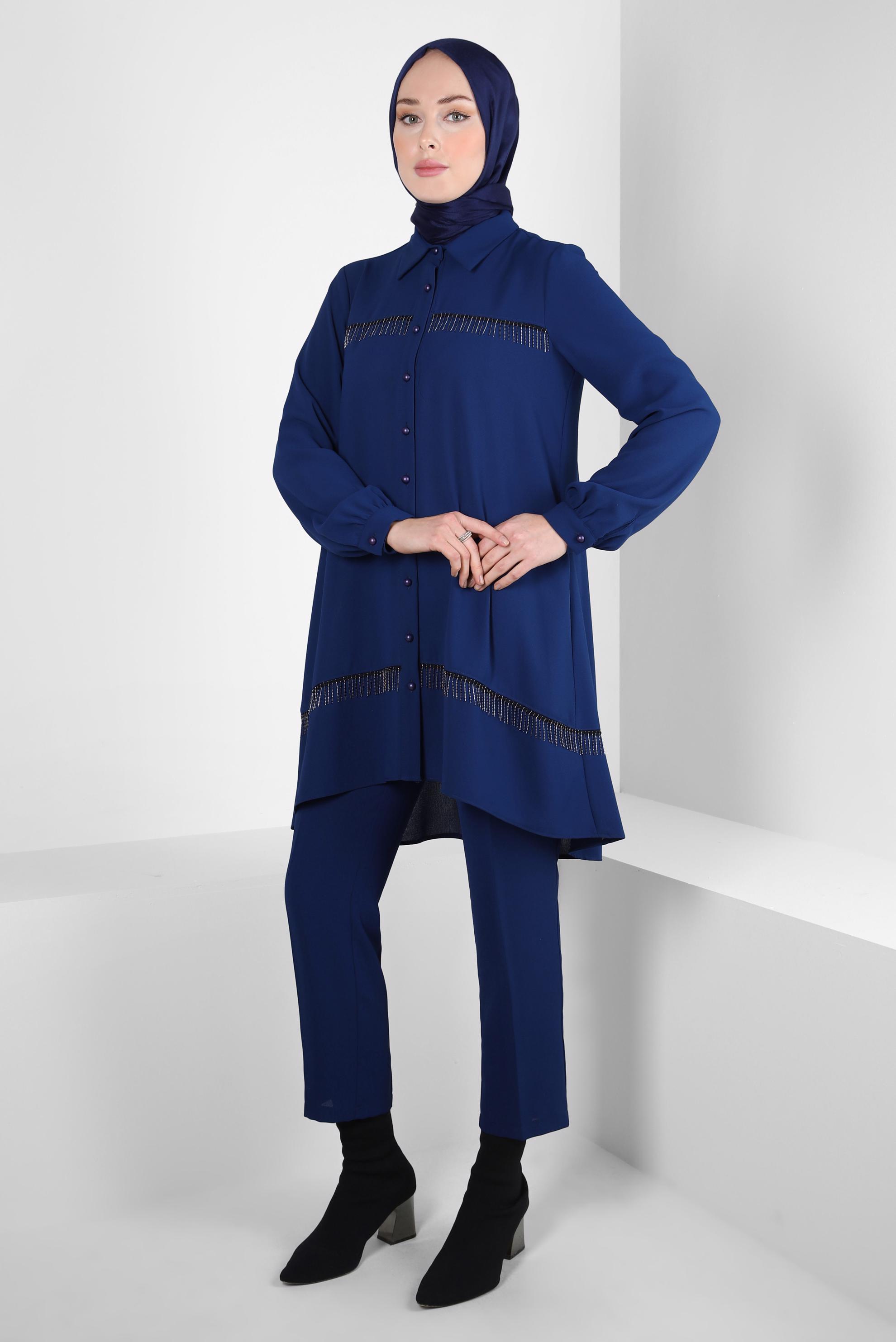Tesettür giyim LACİVERT PÜSKÜL DETAYLI PANTOLONLU TAKIM 