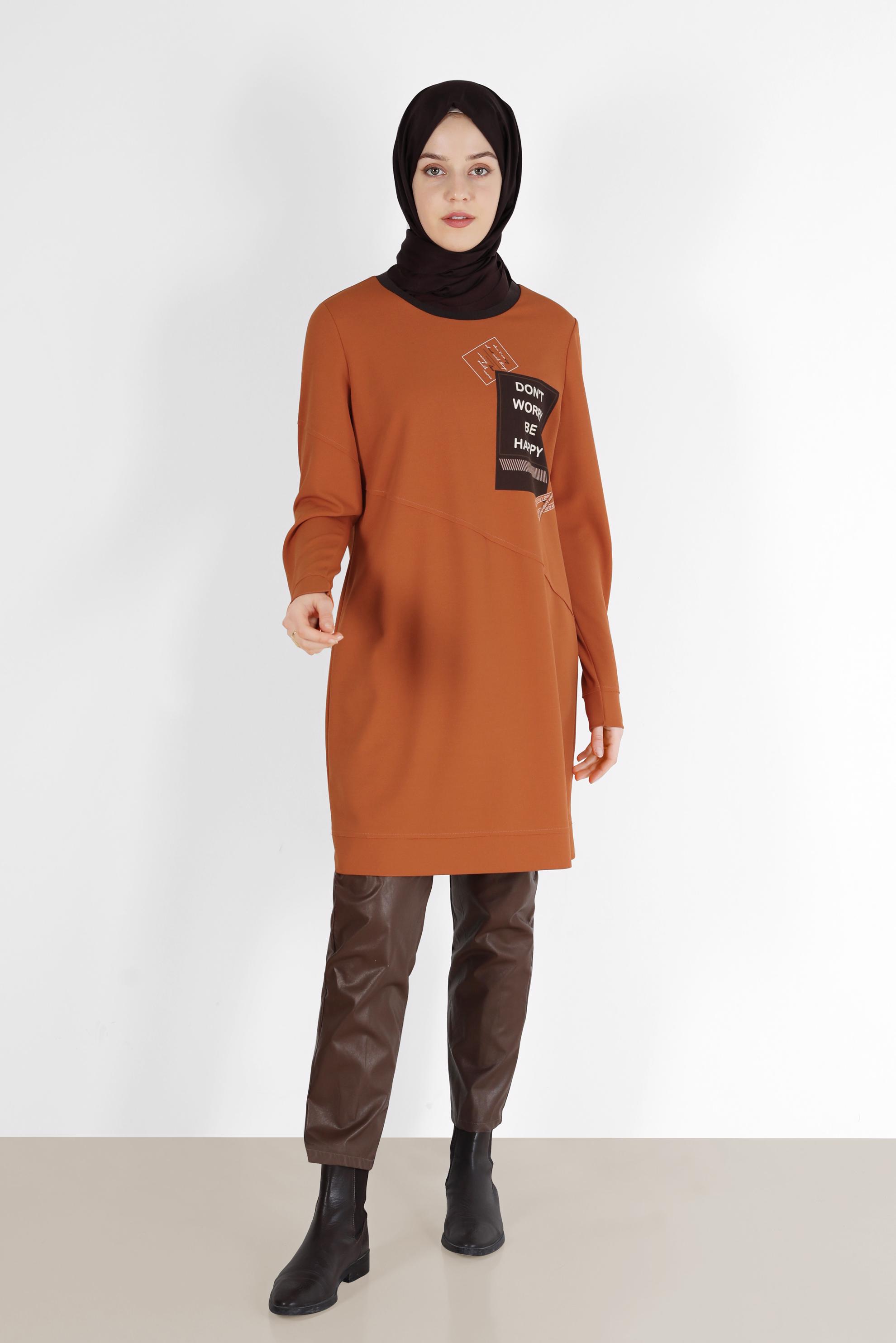 Tesettür giyim KAHVE YAZI BASKILI TUNİK 42224	