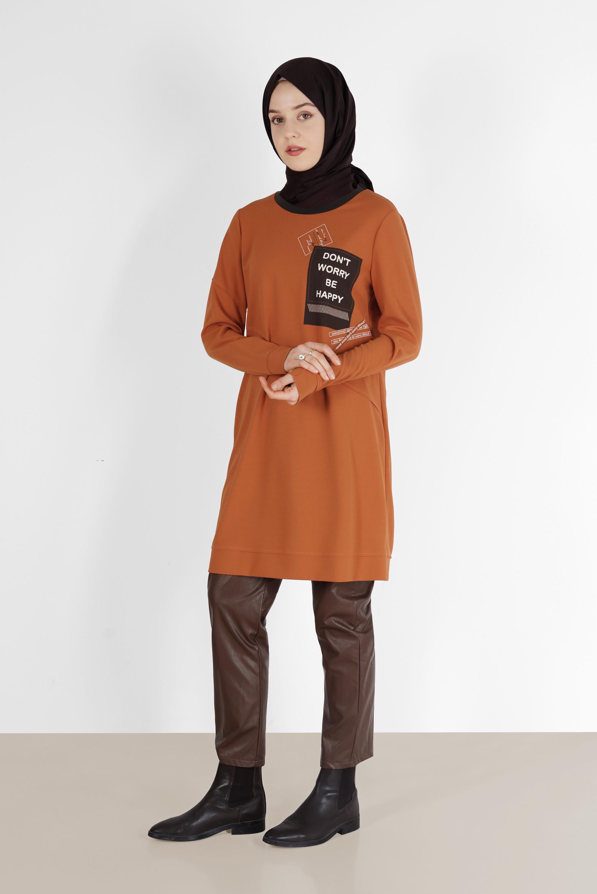 Tesettür giyim KAHVE YAZI BASKILI TUNİK 42224	