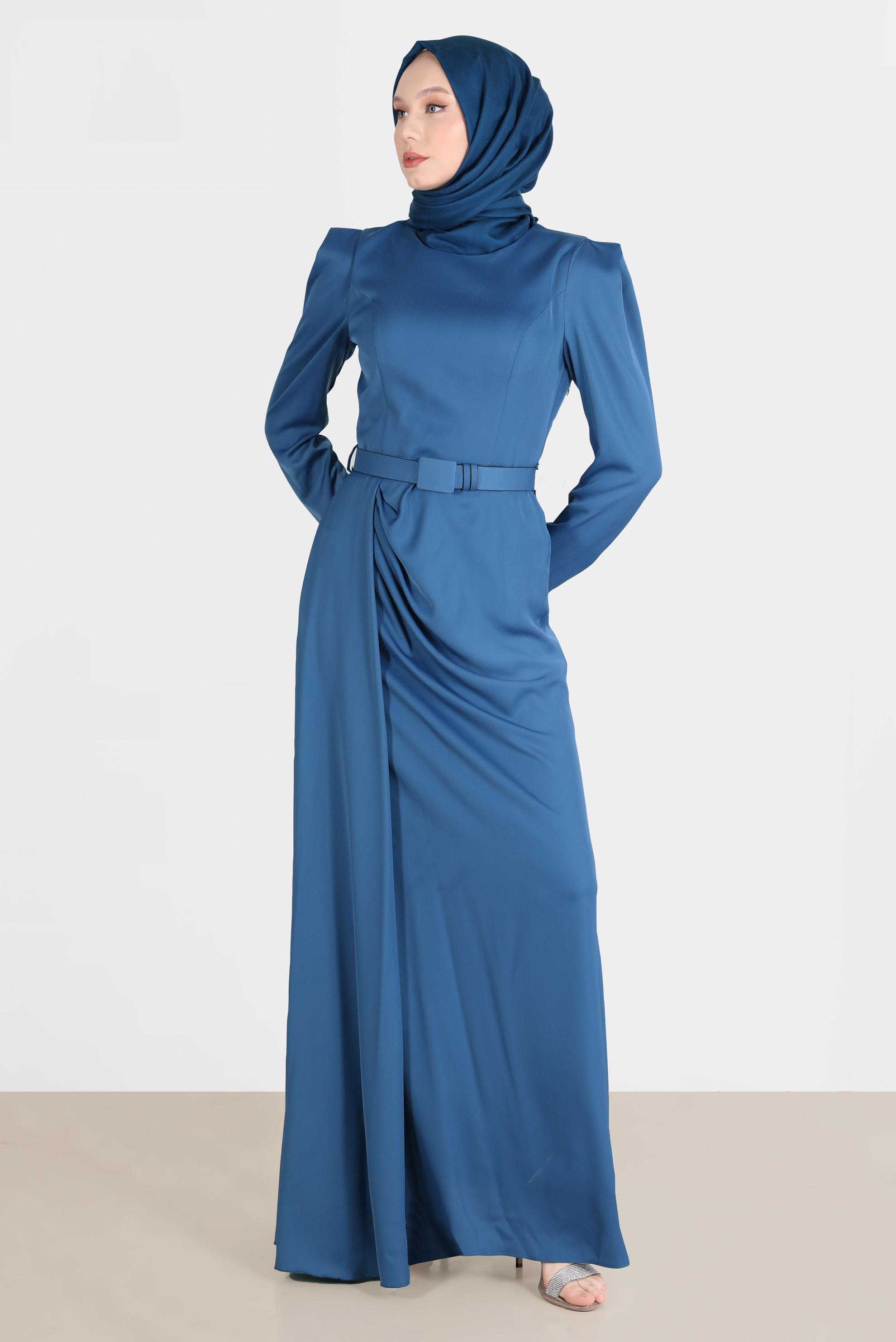 Tesettür giyim LACİVERT SATEN TESETTÜR ABİYE ELBİSE 50170
