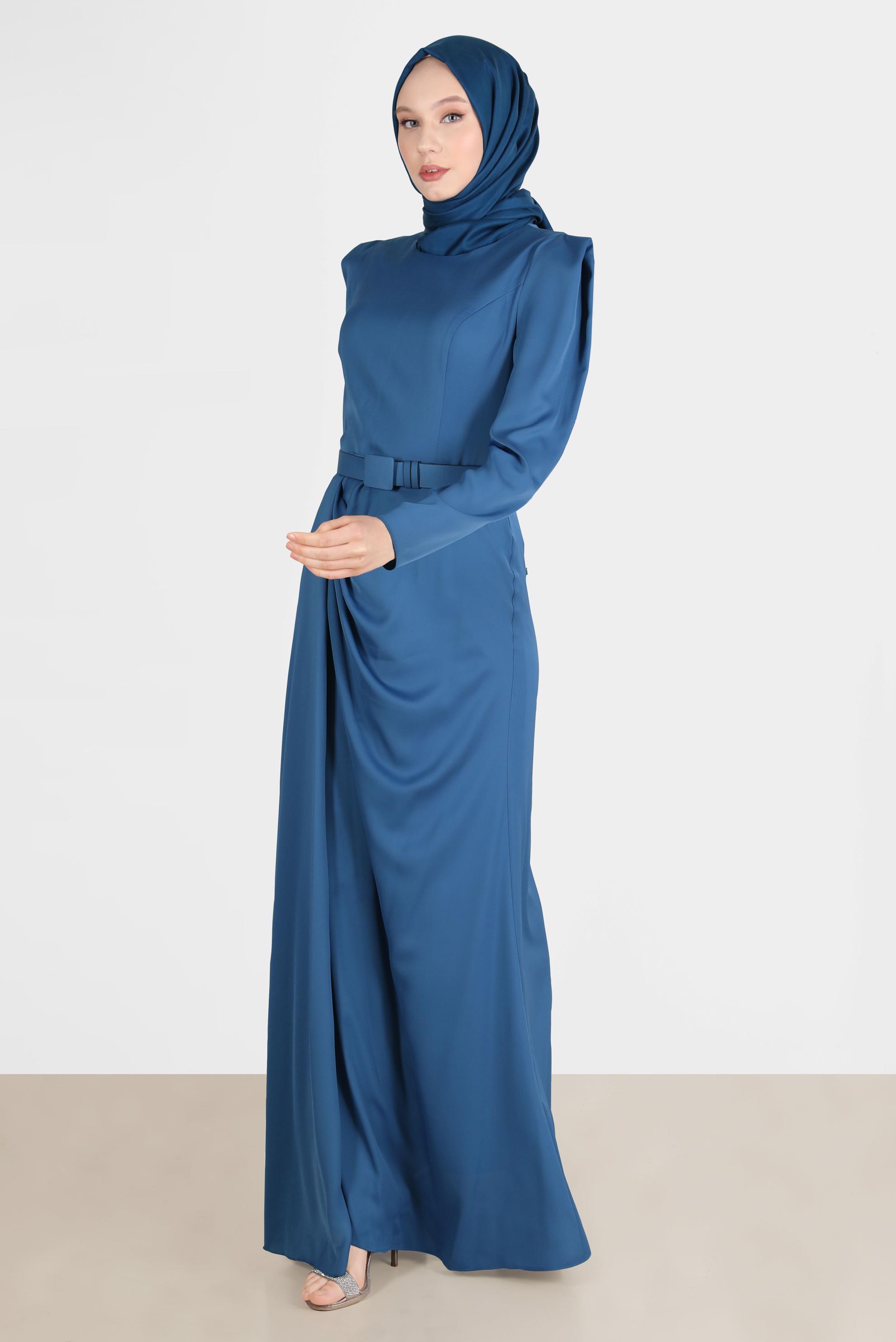 Tesettür giyim LACİVERT SATEN TESETTÜR ABİYE ELBİSE 50170