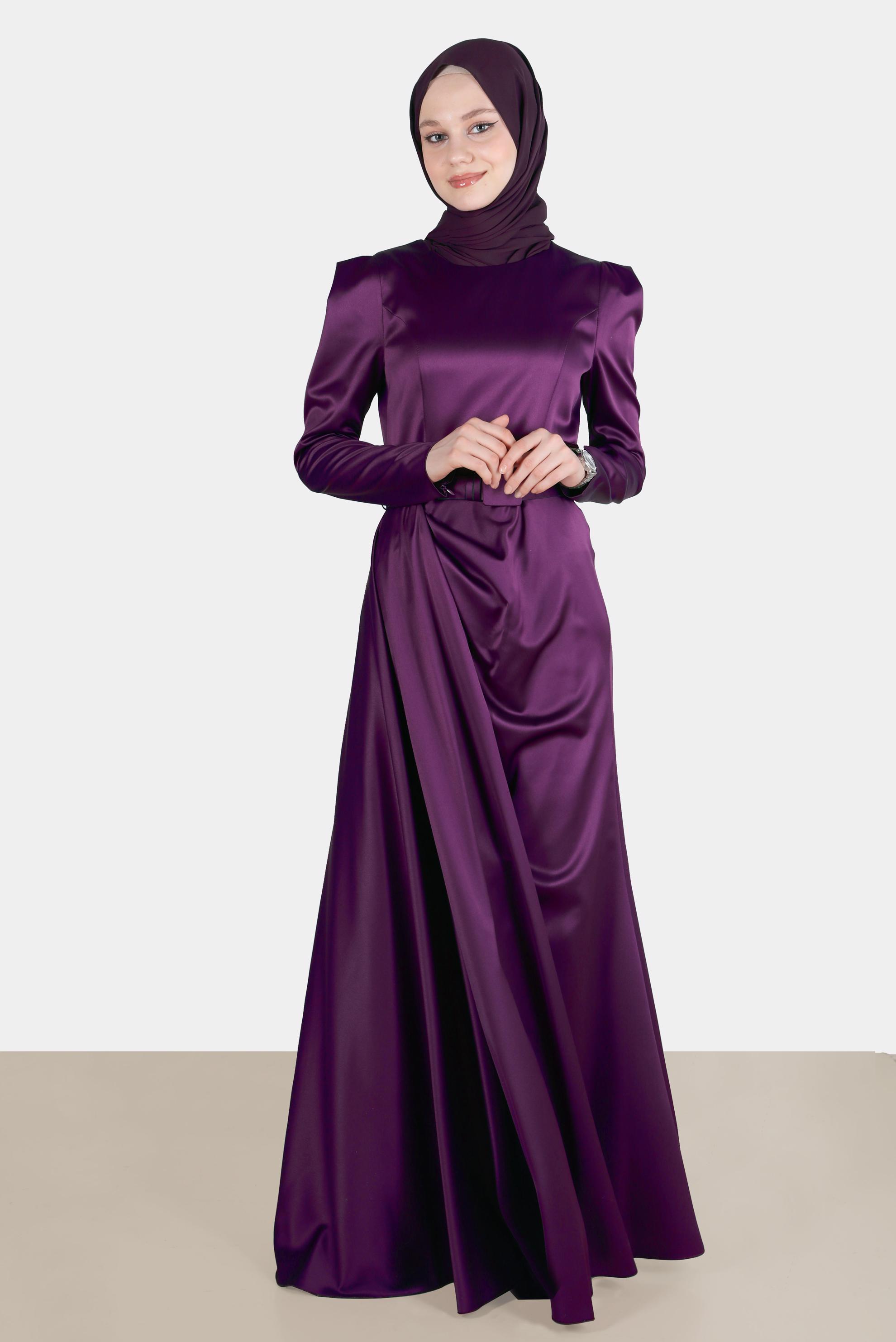Tesettür giyim MOR SATEN TESETTÜR ABİYE ELBİSE 50170