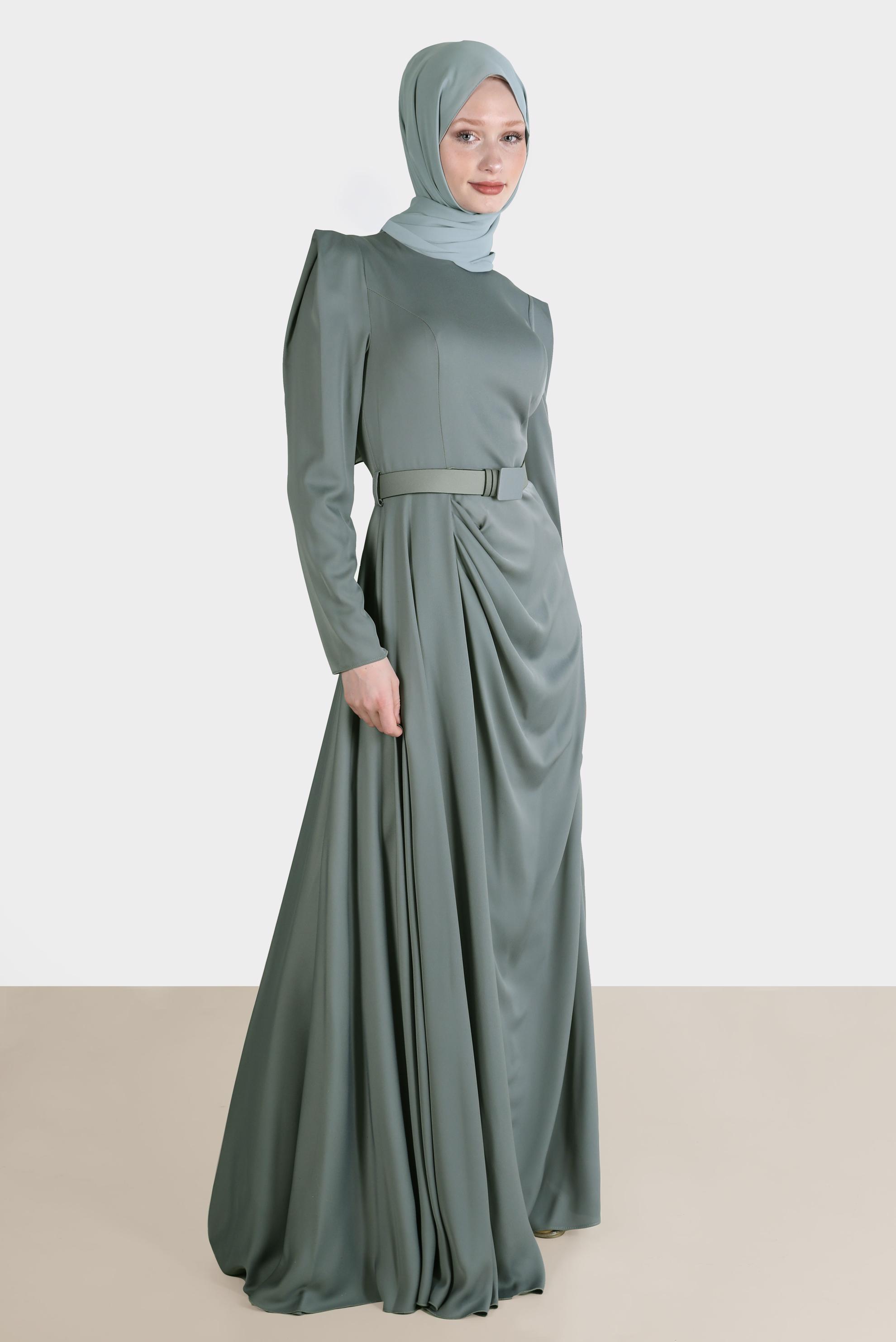 Tesettür giyim GRİ SATEN TESETTÜR ABİYE ELBİSE 50170