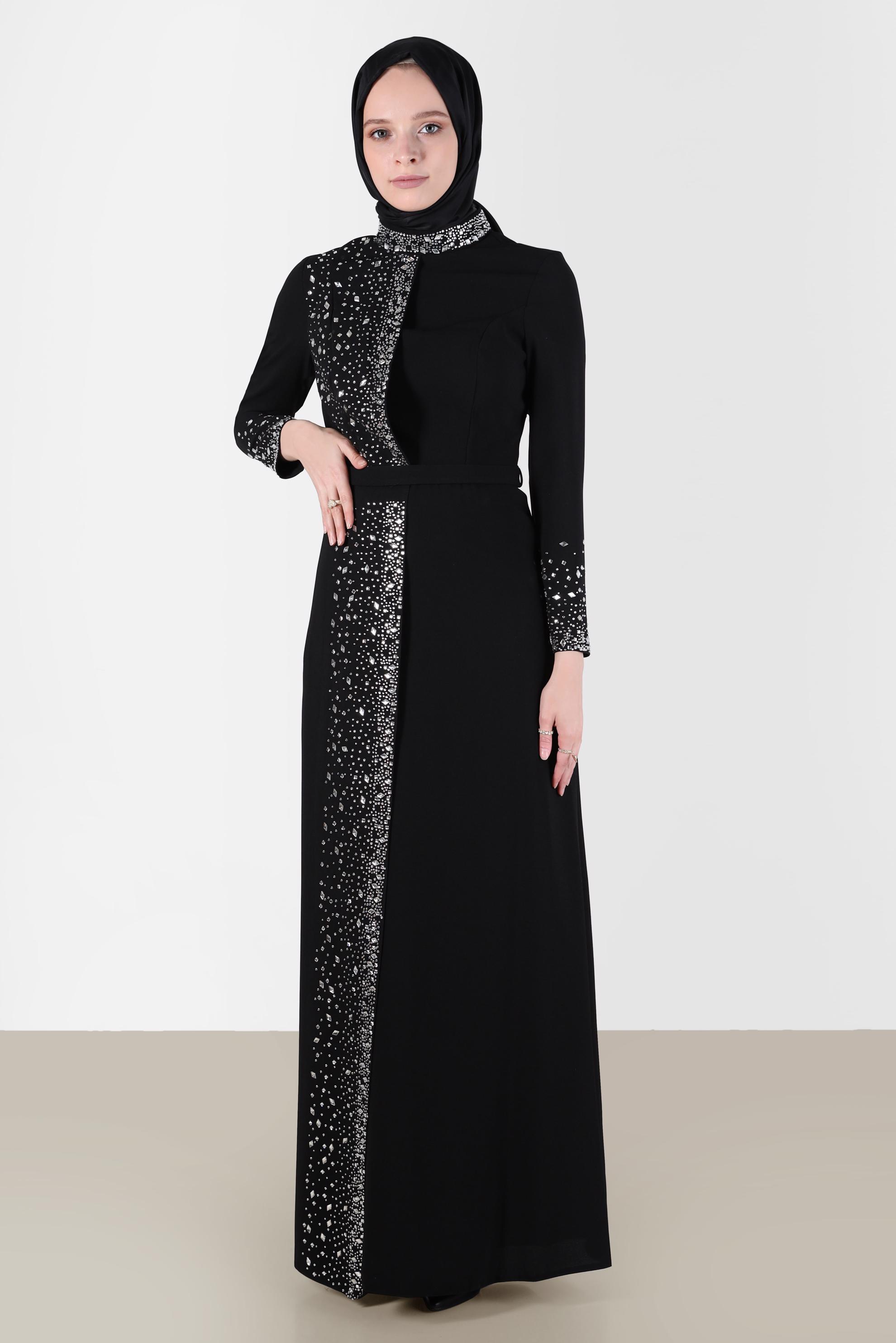 Tesettür giyim SİYAH TAŞ DETAYLI ABİYE ELBİSE 50200 