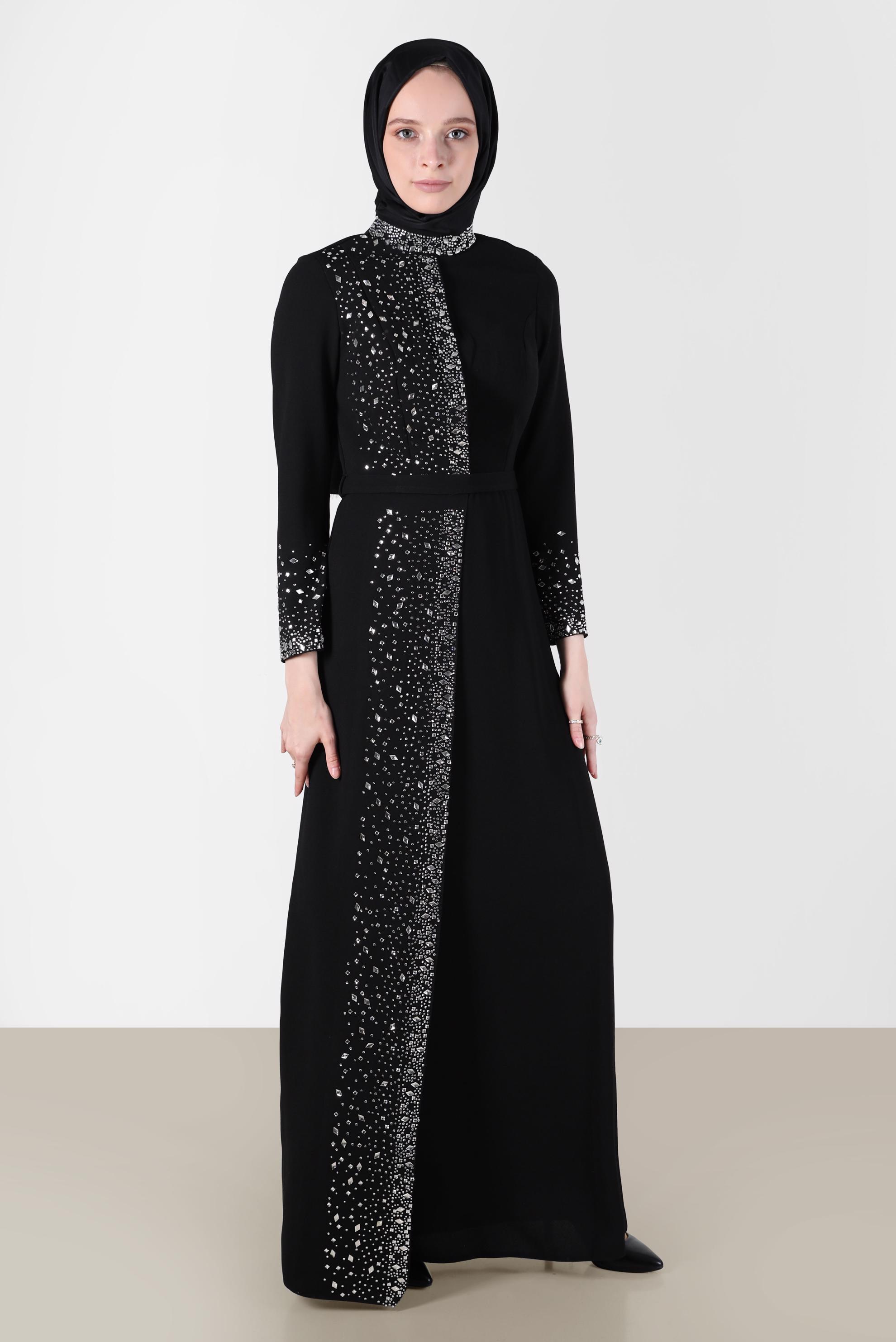 Tesettür giyim SİYAH TAŞ DETAYLI ABİYE ELBİSE 50200 