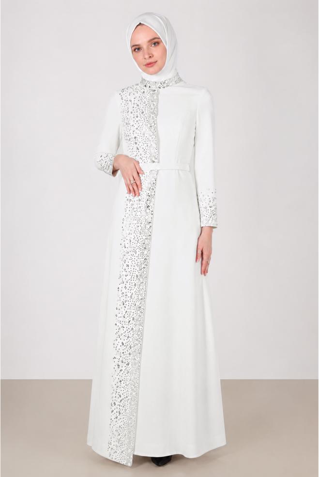 Vêtements hijab BLANC ROBE DE SOIRÉE CEINTURÉE DÉTAIL GEMME 50200 - ALVİNA